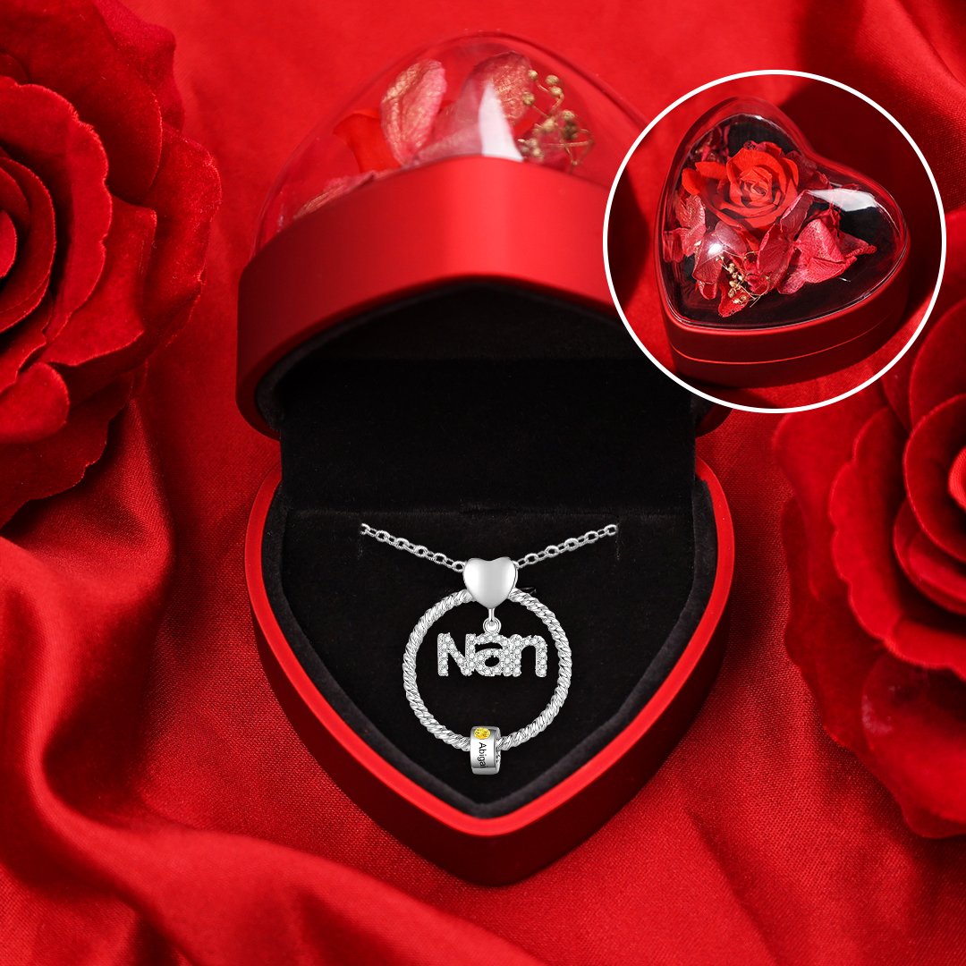1 Name-Personalised Nan Circle Necklace Set With Rose Flower Gift Box-Custom Woman Necklace With 1 Birthstone Engraved Names Gift For Nan/Nana/Nanny/Granny