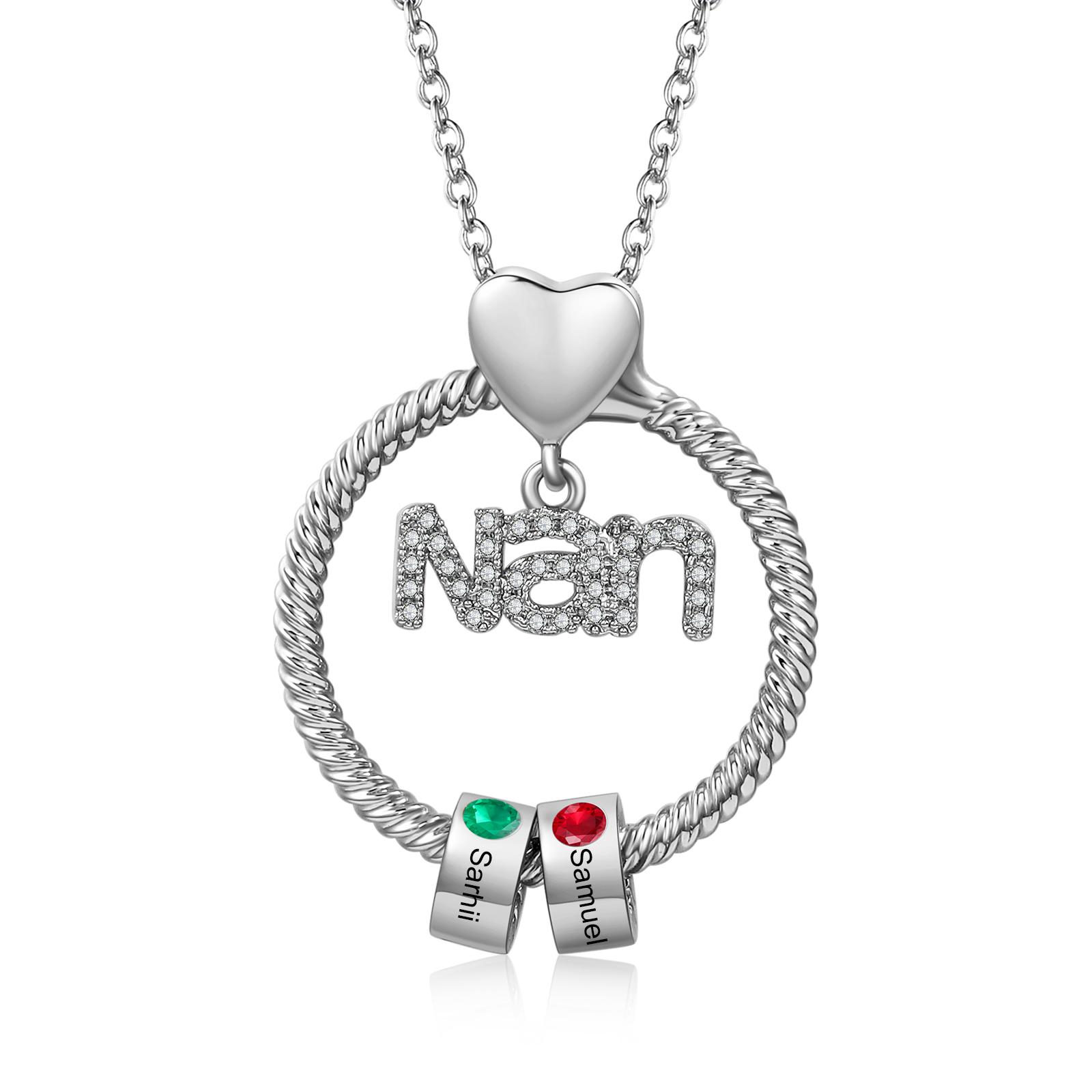 2 Names-Personalised Nanny Circle Necklace With 2 Birthstones Pendant Engraved Names Gift For Nanny