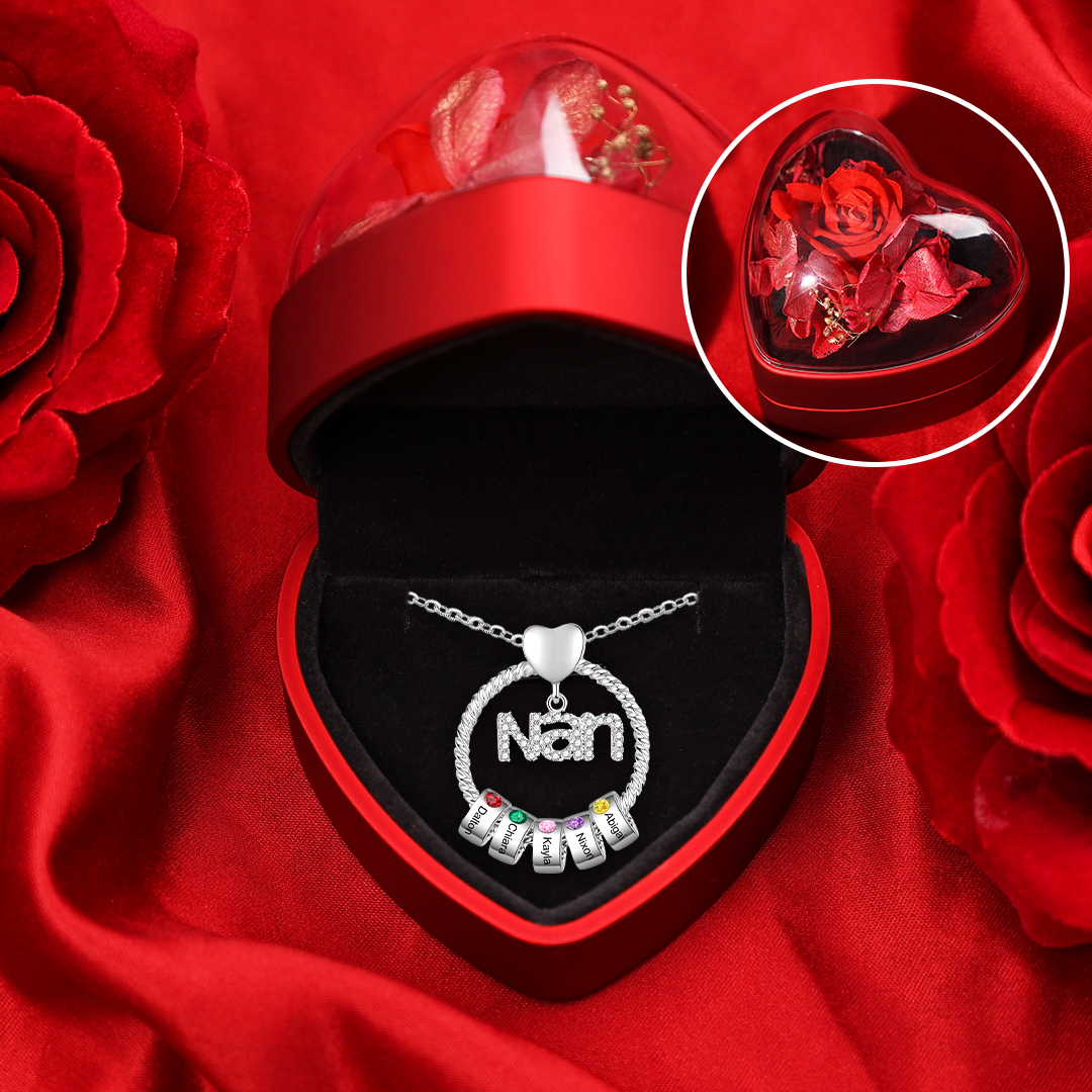 5 Names-Personalised Nan Circle Necklace Set With Rose Flower Gift Box-Custom Woman Necklace With 5 Birthstones Engraved Names Gift For Nan/Nana/Nanny/Granny