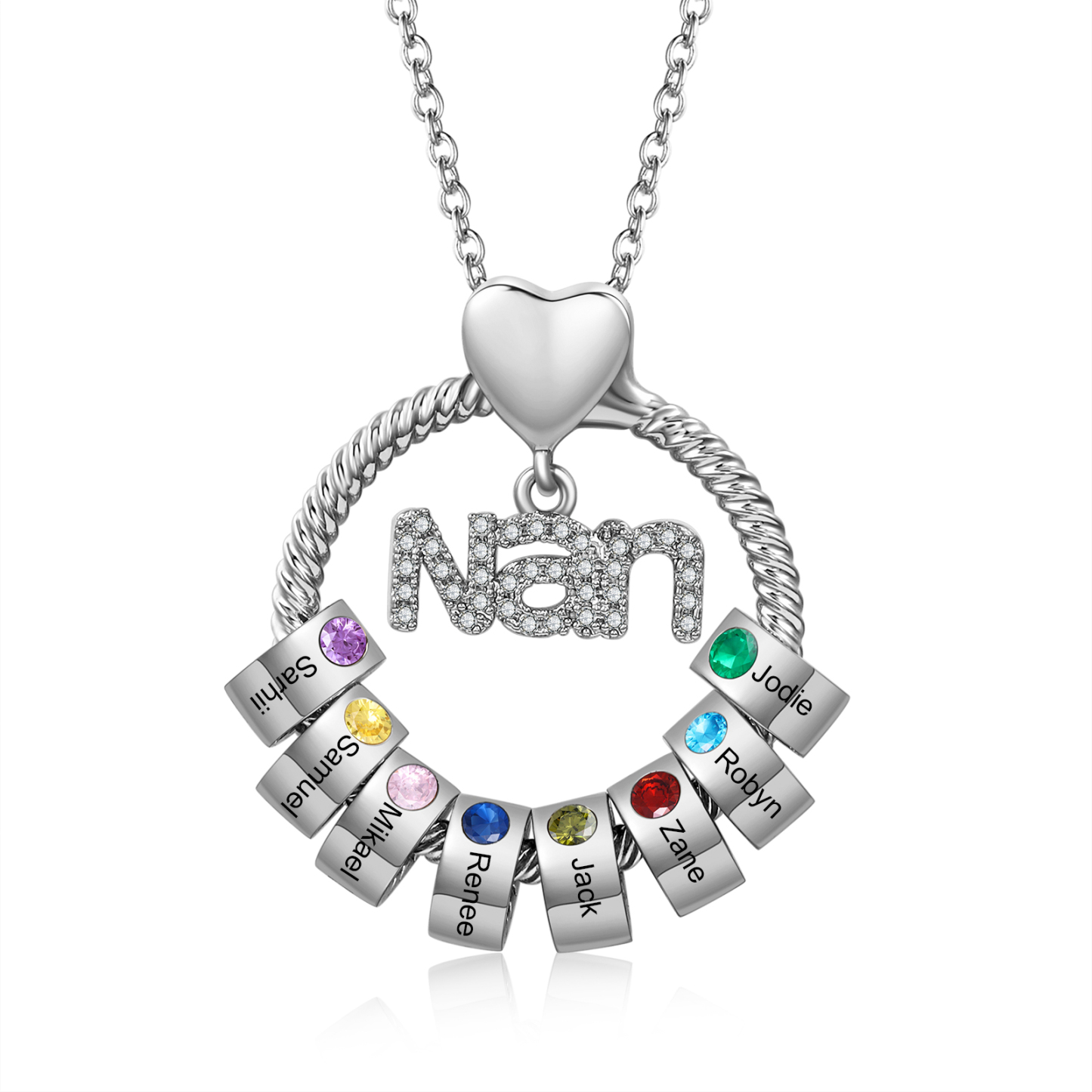 8 Names-Personalised Nanny Circle Necklace With 8 Birthstones Pendant Engraved Names Gift For Nanny