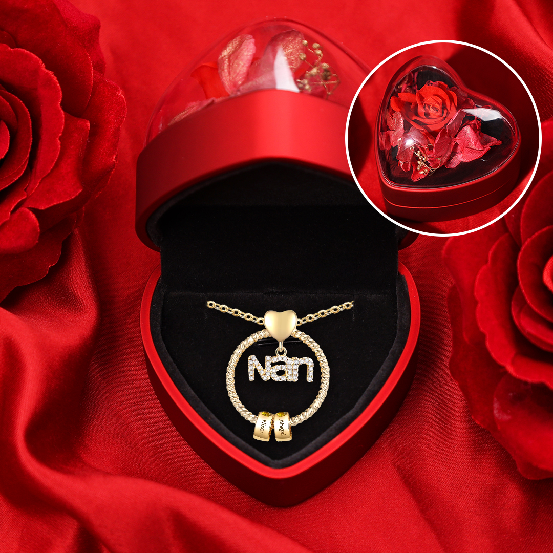 2 Names-Personalised Nan Circle Necklace Set With Rose Flower Gift Box-Custom Woman Necklace With 2 Birthstones Engraved Names Gift For Nan/Nana/Nanny/Granny