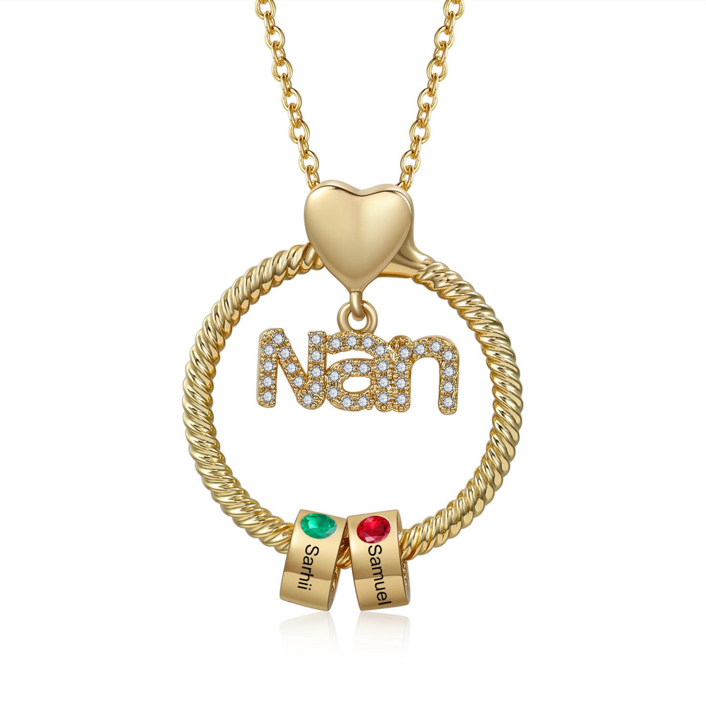 2 Names-Personalised Nanny Circle Necklace With 2 Birthstones Pendant Engraved Names Gift For Nanny
