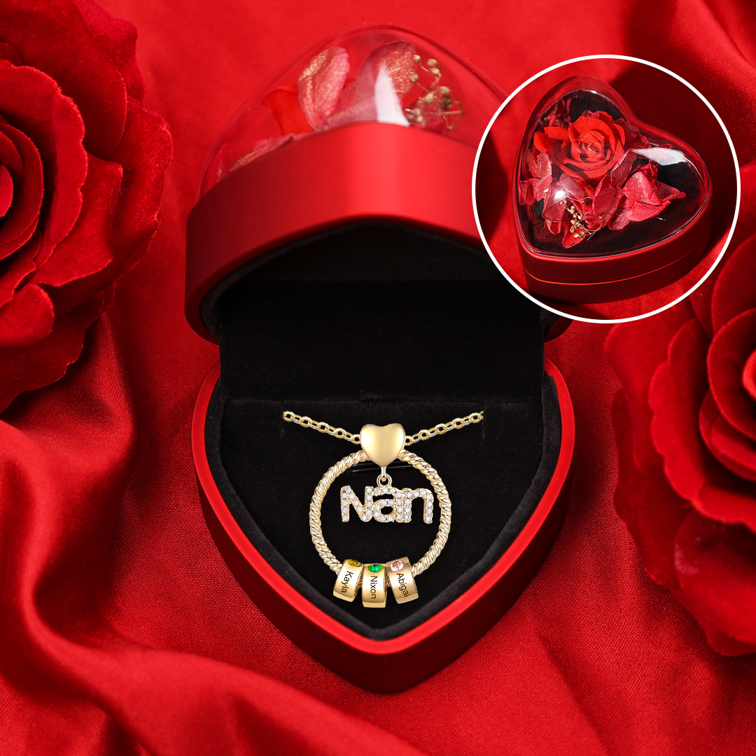 3 Names-Personalised Nan Circle Necklace Set With Rose Flower Gift Box-Custom Woman Necklace With 3 Birthstones Engraved Names Gift For Nan/Nana/Nanny/Granny