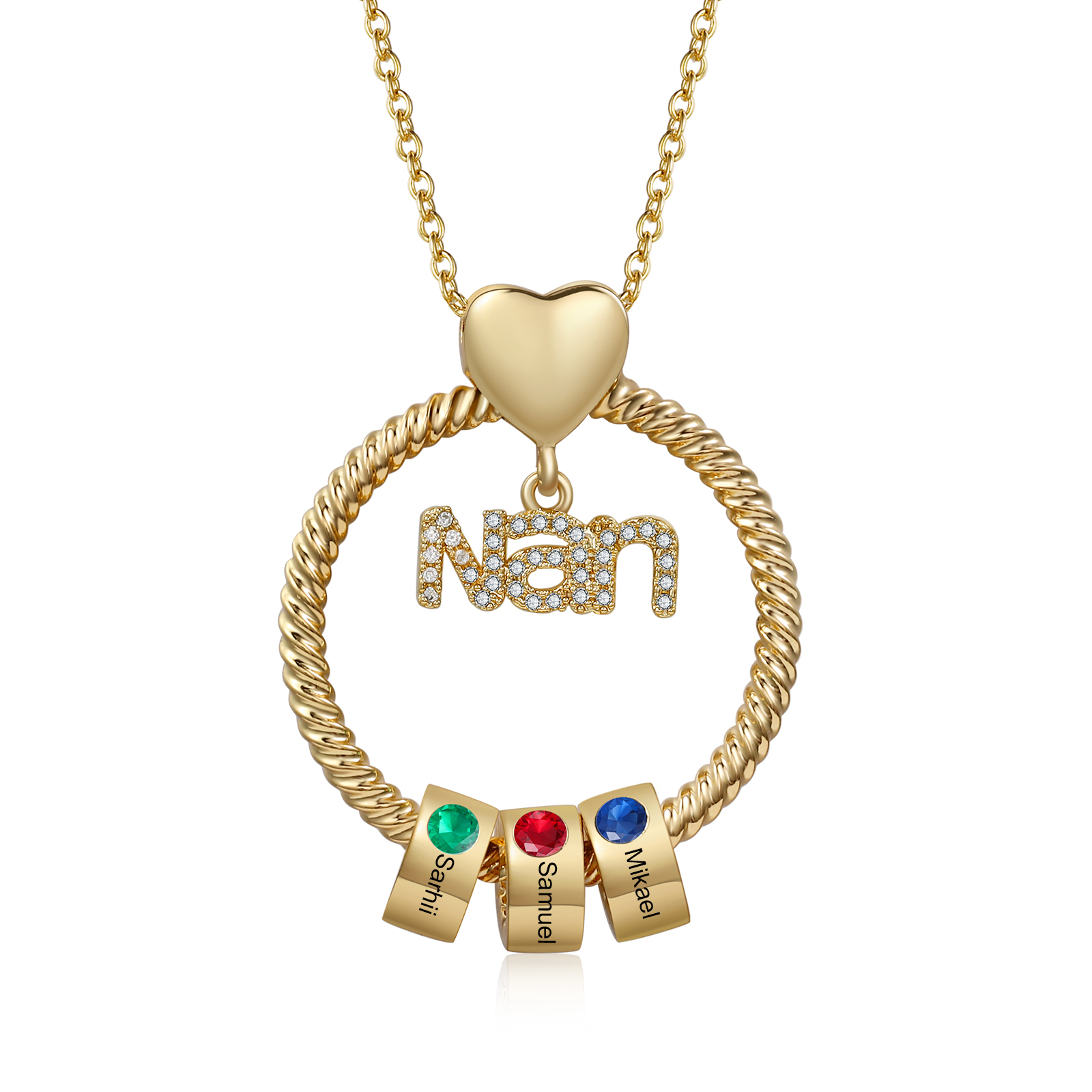 3 Names-Personalised Nanny Circle Necklace With 3 Birthstones Pendant Engraved Names Gift For Nanny