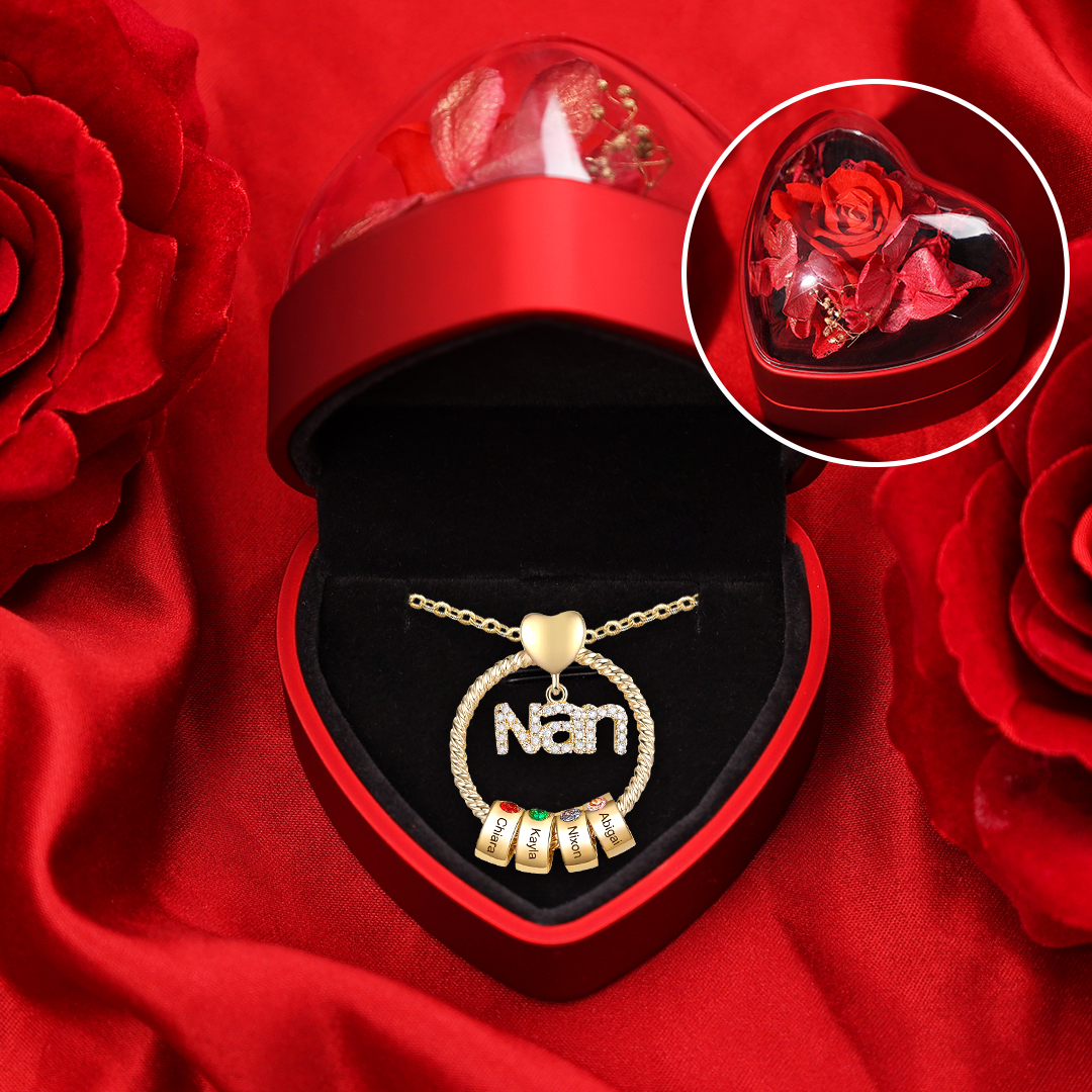 4 Names-Personalised Nan Circle Necklace Set With Rose Flower Gift Box-Custom Woman Necklace With 4 Birthstones Engraved Names Gift For Nan/Nana/Nanny/Granny