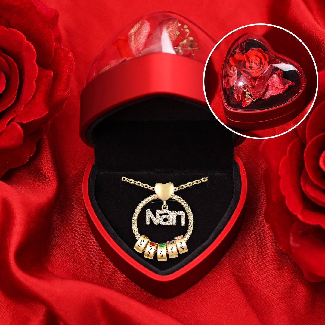 5 Names-Personalised Nan Circle Necklace Set With Rose Flower Gift Box-Custom Woman Necklace With 5 Birthstones Engraved Names Gift For Nan/Nana/Nanny/Granny