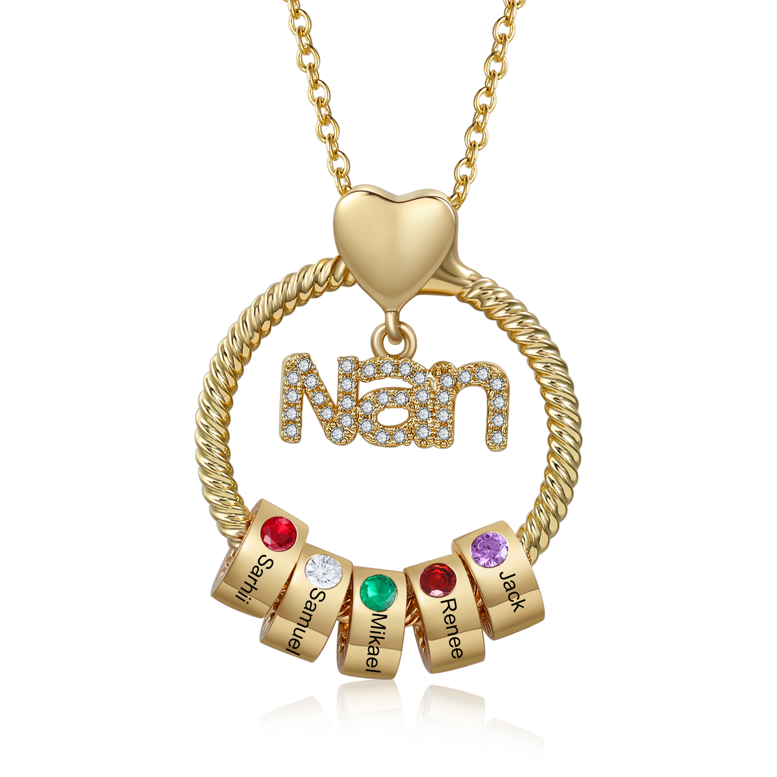 Personalised 1-8 Names Nan Circle Necklace With Birthstones Pendant Engraved Names Gift For Nan | Jessemade