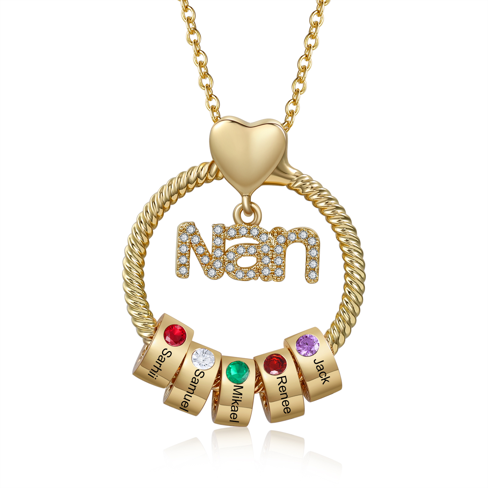 Personalised 1-8 Names Nan Circle Necklace With Birthstones Pendant Engraved Names Gift For Nan | Jessemade