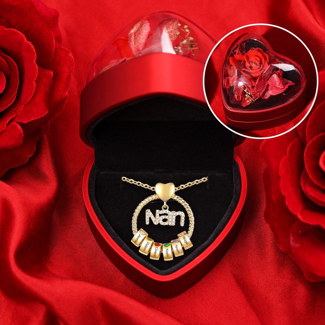 6 Names-Personalised Nan Circle Necklace Set With Rose Flower Gift Box-Custom Woman Necklace With 6 Birthstones Engraved Names Gift For Nan/Nana/Nanny/Granny