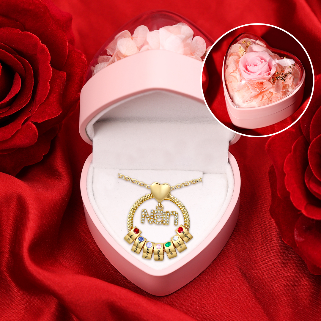 7 Names-Personalised Nan Circle Necklace Set With Rose Flower Gift Box-Custom Woman Necklace With 7 Birthstones Engraved Names Gift For Nan/Nana/Nanny/Granny