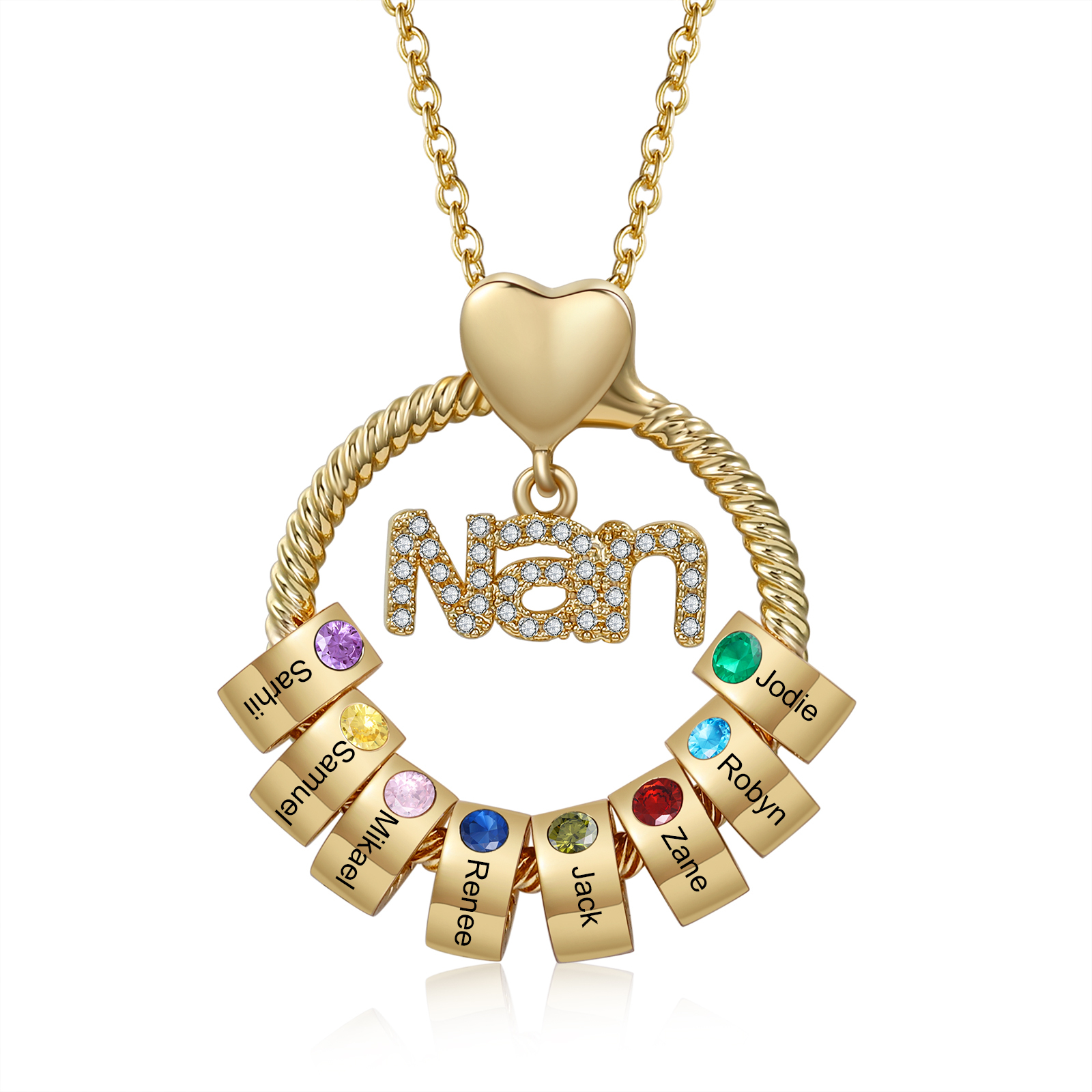 8 Names-Personalised Nanny Circle Necklace With 8 Birthstones Pendant Engraved Names Gift For Nanny