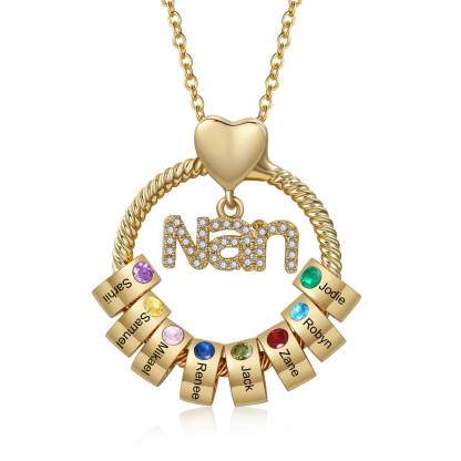 8 Names-Personalised Nanny Circle Necklace With 8 Birthstones Pendant Engraved Names Gift For Nanny