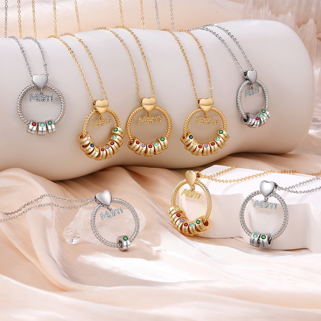 Personalised Mam Necklace with 1–8 Custom Names and Birthstones 