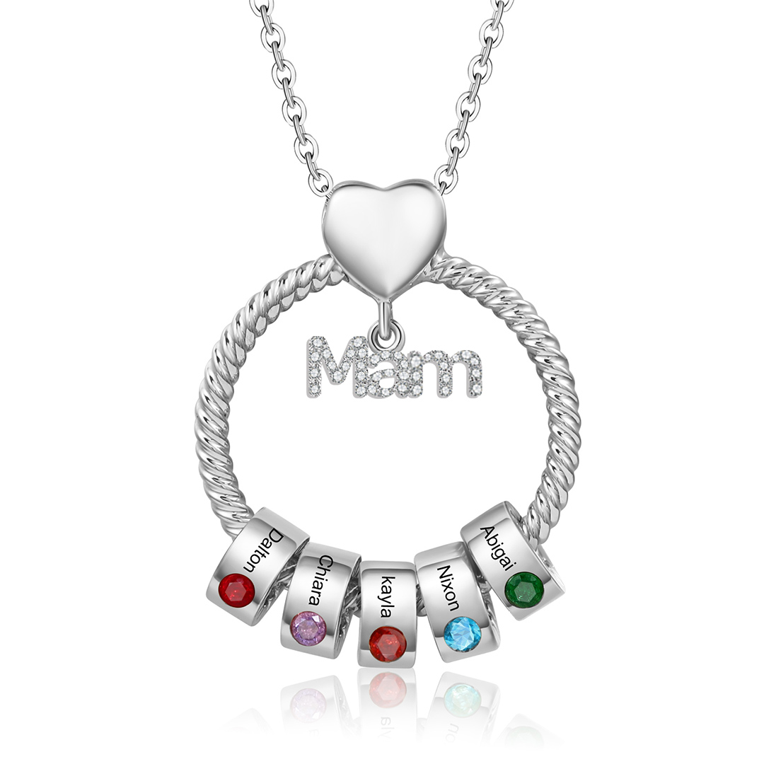 1 Name-Personalised Mam Circle Necklace With 1 Birthstone Pendant Engraved Names Gift Set With Rose Gift Box For Mother