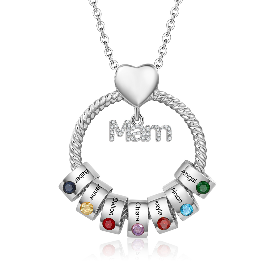 1 Name-Personalised Mam Circle Necklace With 1 Birthstone Pendant Engraved Names Gift Set With Rose Gift Box For Mother