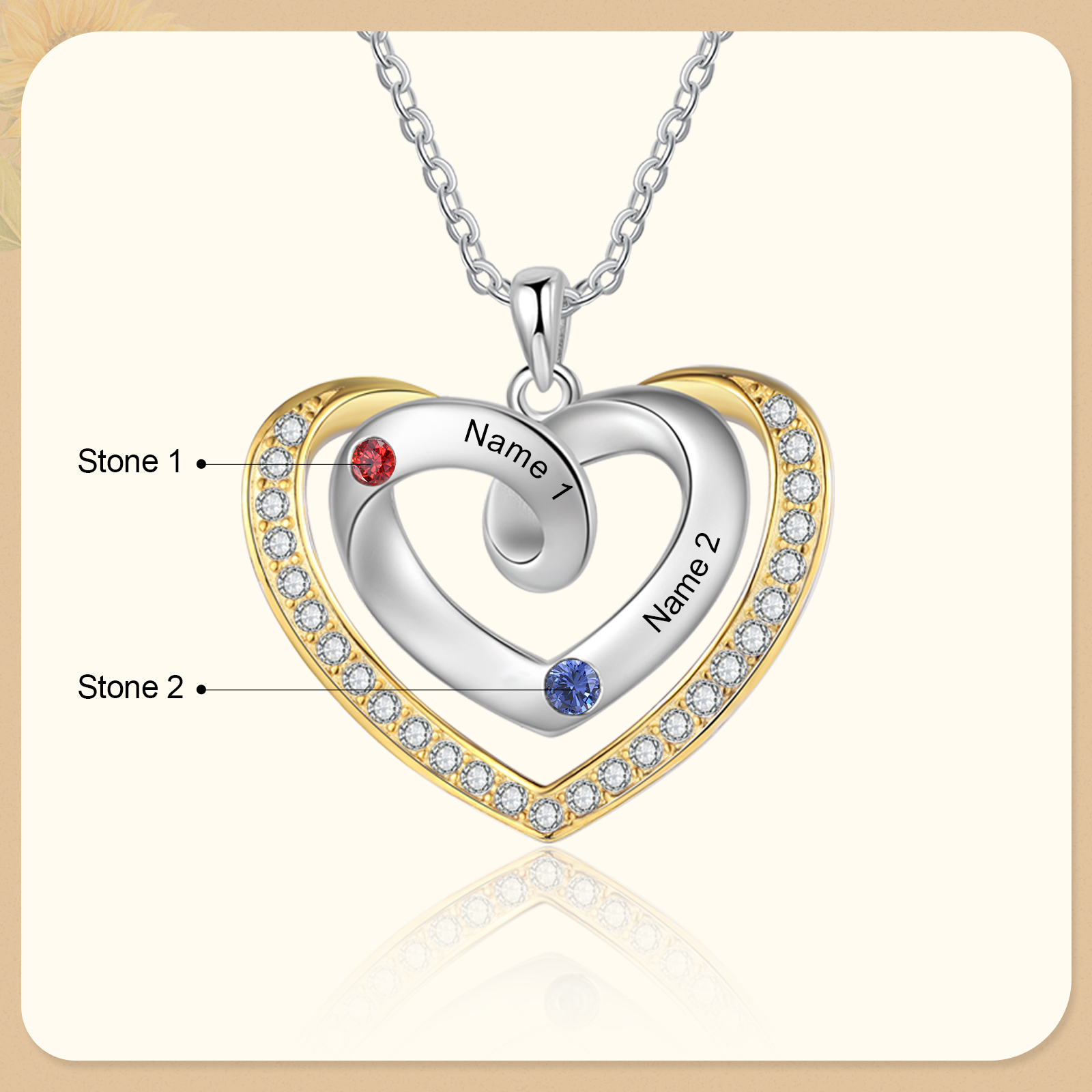 2 Names - Personalized Heart Necklace with Customized Names and Birthstone, A Perfect and Exquisite Gift for Her