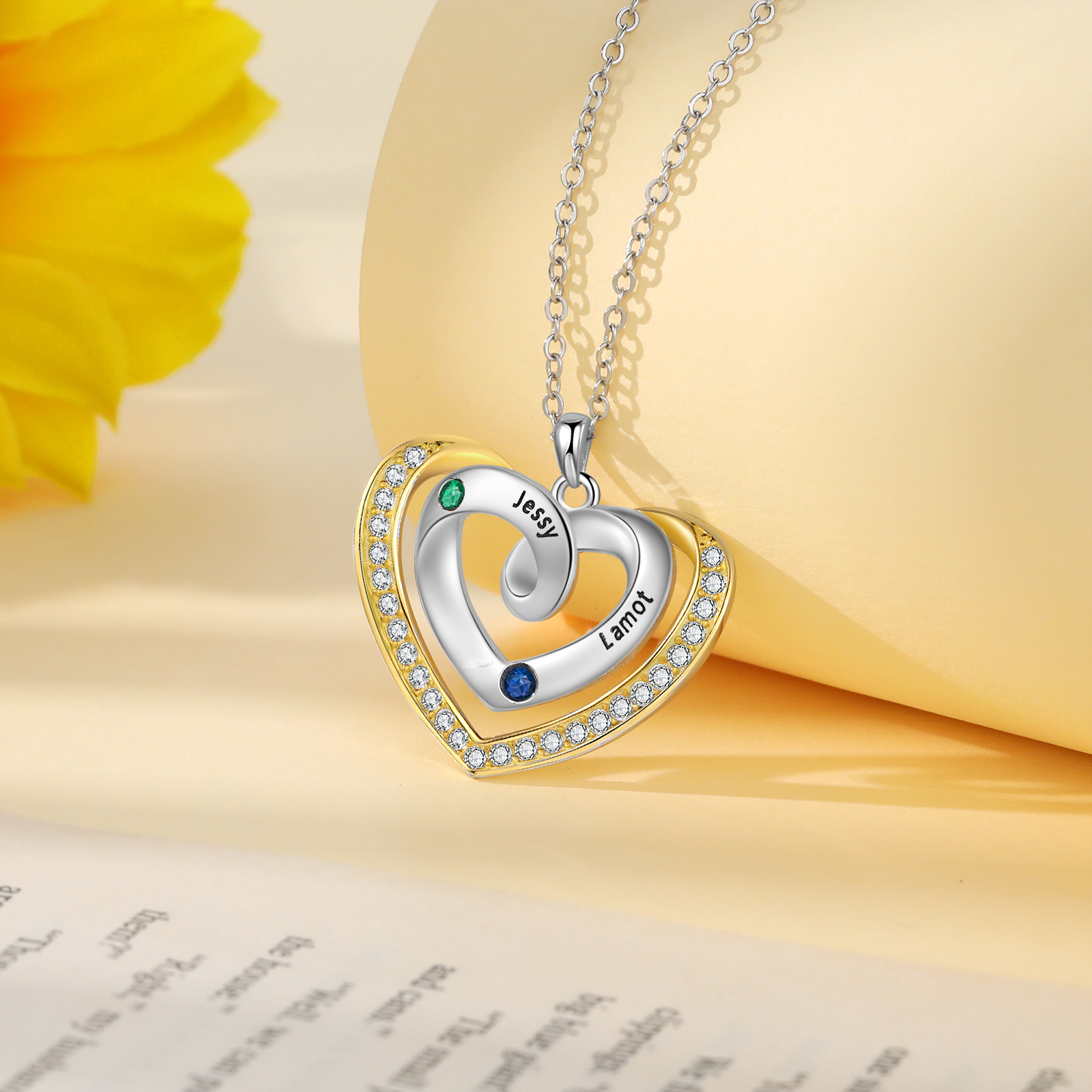 2 Names - Personalized Heart Necklace with Customized Names and Birthstone, A Perfect and Exquisite Gift for Her