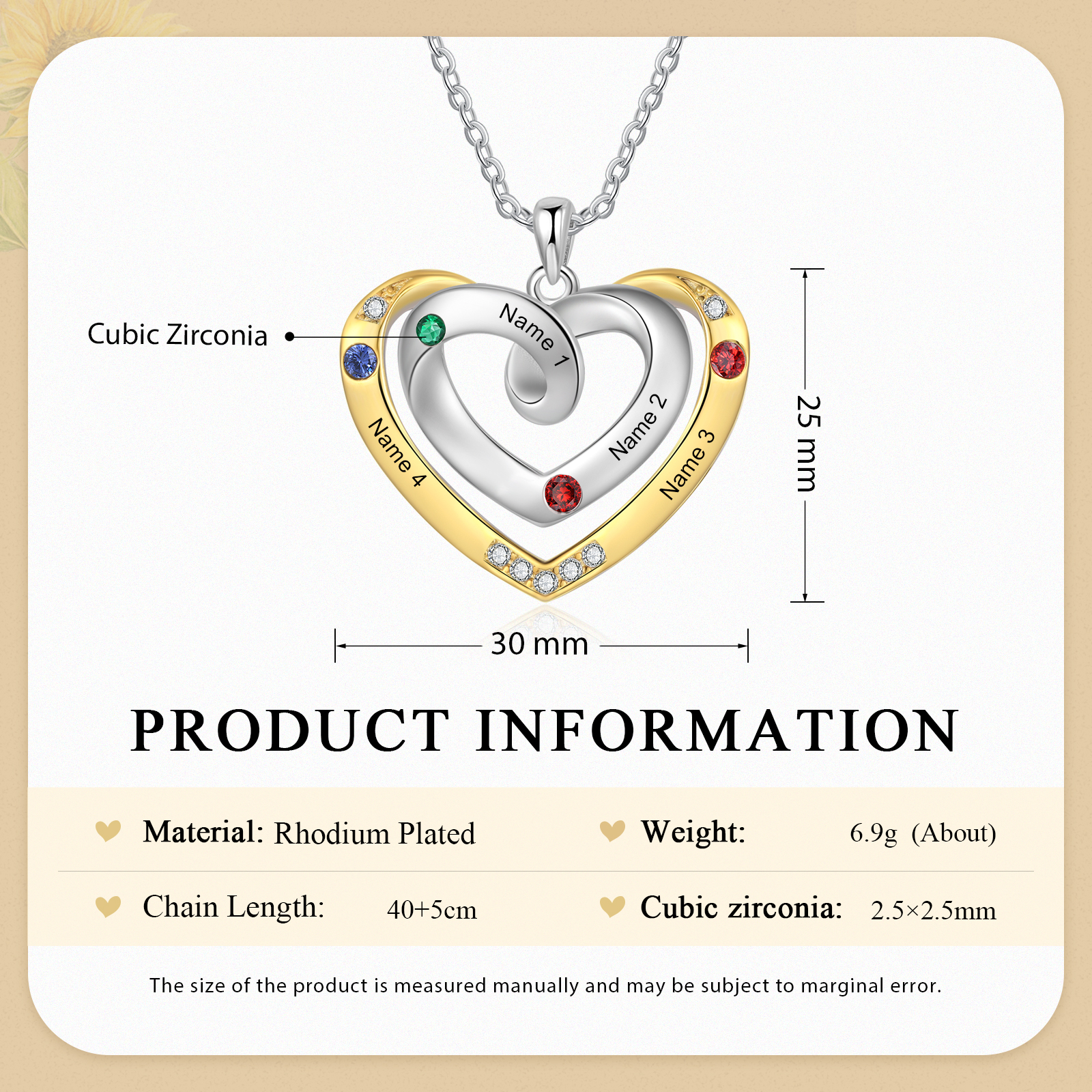 4 Names - Personalized Heart Necklace with Customized Names and Birthstone, A Perfect and Exquisite Gift for Her