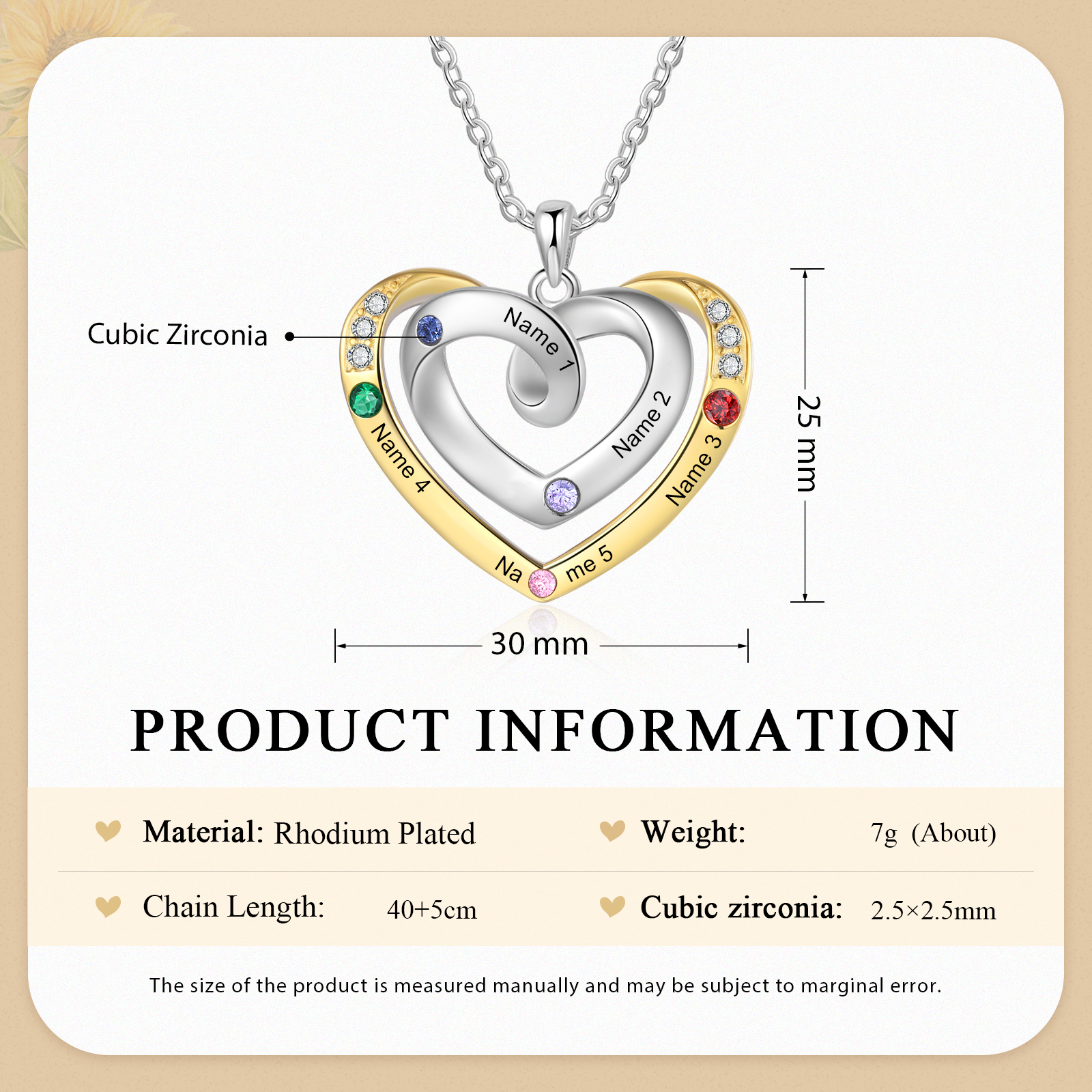 5 Names - Personalized Heart Necklace with Customized Names and Birthstone, A Perfect and Exquisite Gift for Her