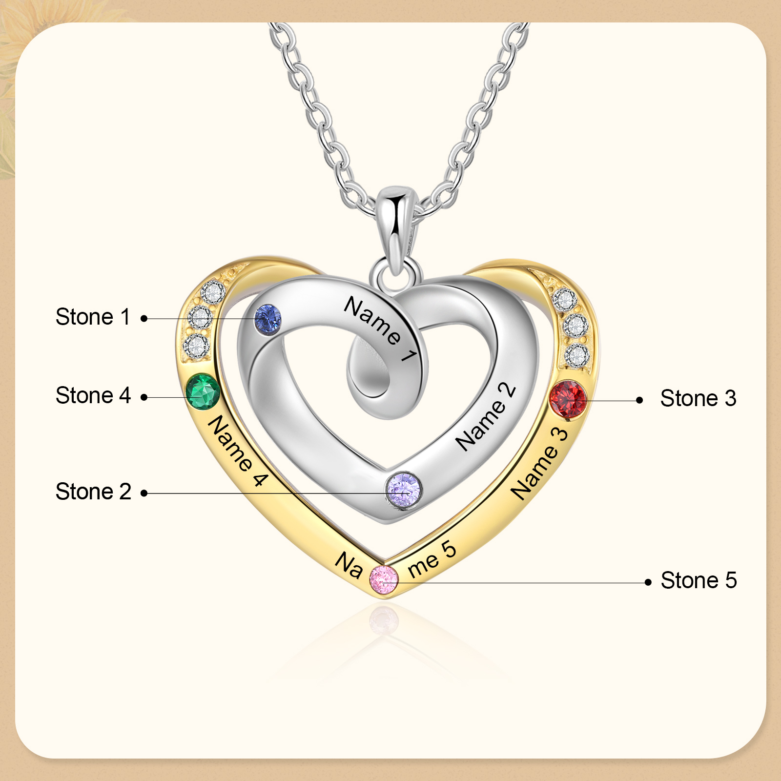 5 Names - Personalized Heart Necklace with Customized Names and Birthstone, A Perfect and Exquisite Gift for Her