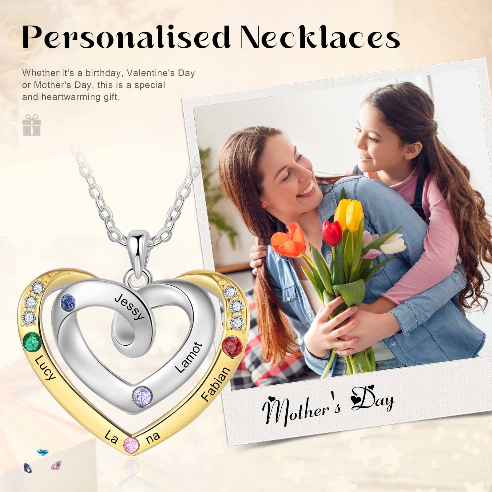 5 Names - Personalized Heart Necklace with Customized Names and Birthstone, A Perfect and Exquisite Gift for Her