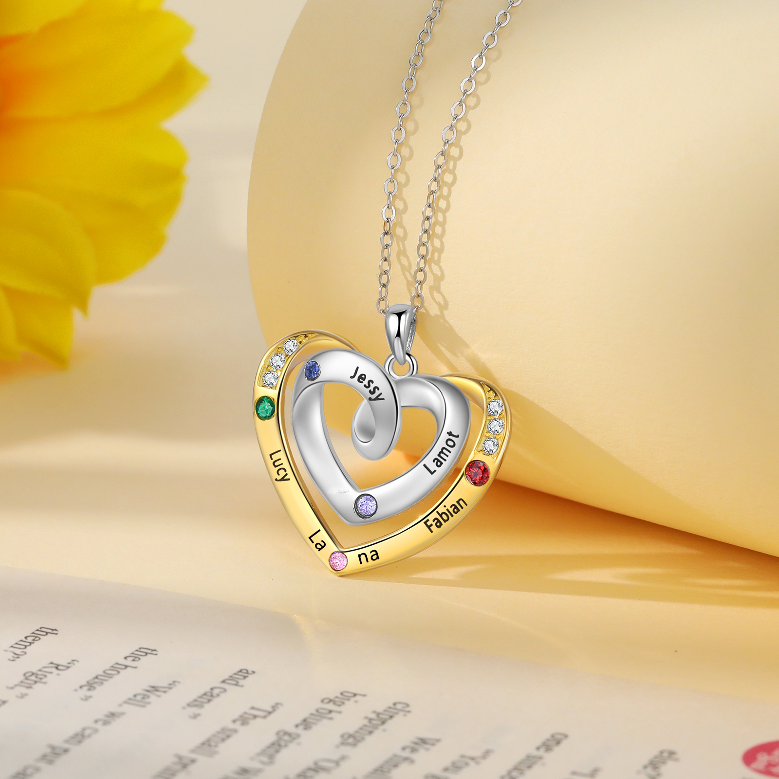 5 Names - Personalized Heart Necklace with Customized Names and Birthstone, A Perfect and Exquisite Gift for Her