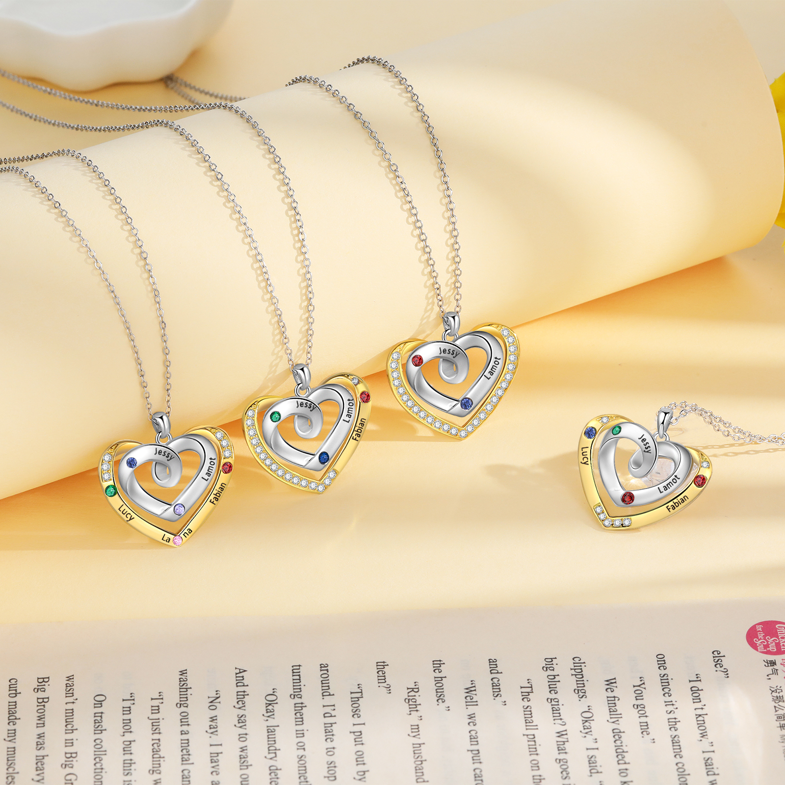 4 Names - Personalized Heart Necklace with Customized Names and Birthstone, A Perfect and Exquisite Gift for Her