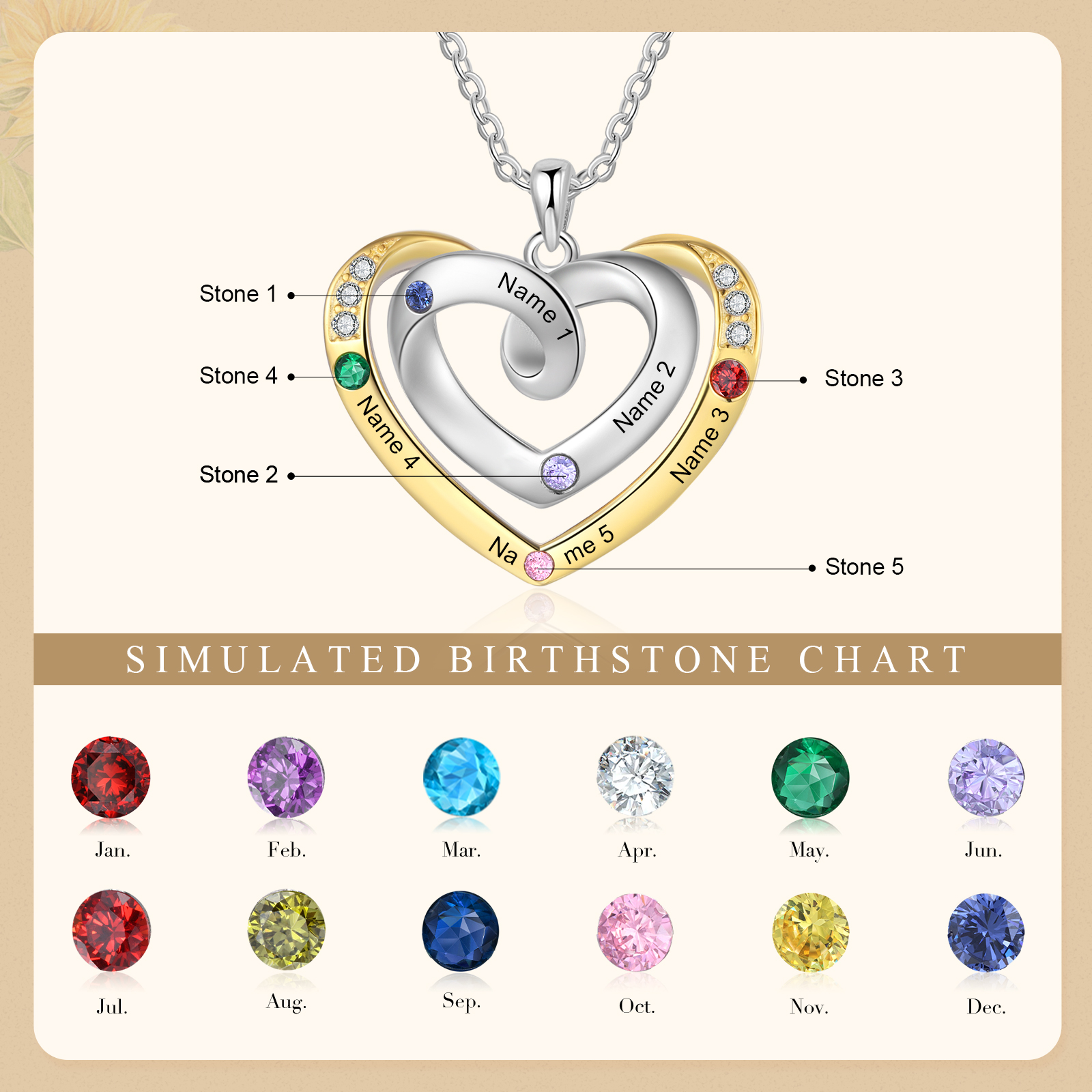 5 Names - Personalized Heart Necklace with Customized Names and Birthstone, A Perfect and Exquisite Gift for Her