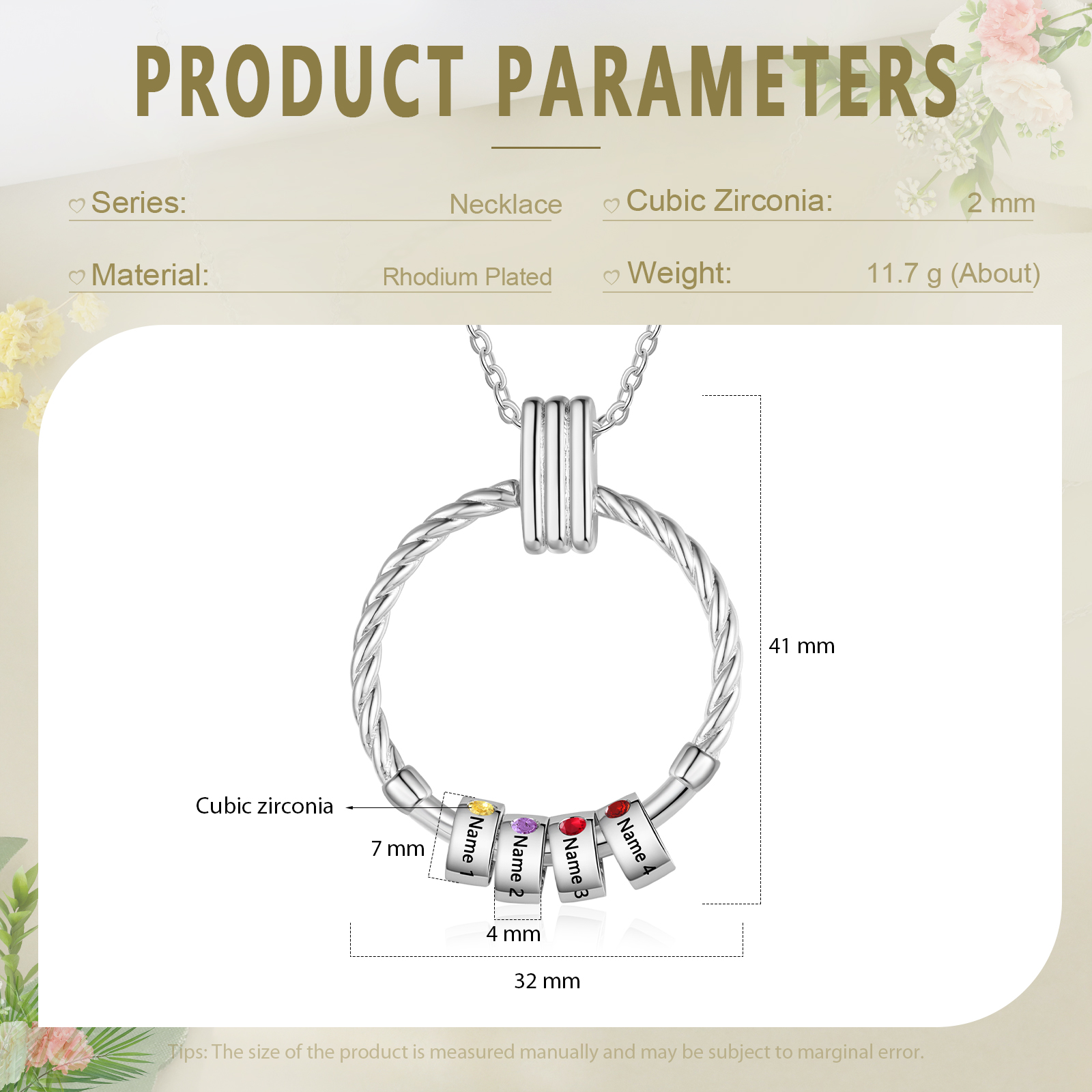 4 Names - Personalised Round Pendant Necklace Customized Name Gift for Her