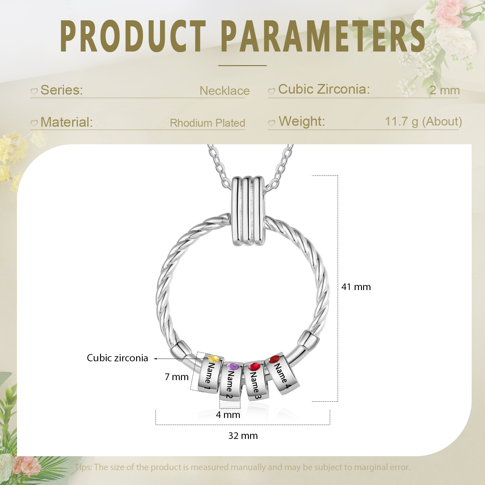 4 Names - Personalised Round Pendant Necklace Customized Name Gift for Her