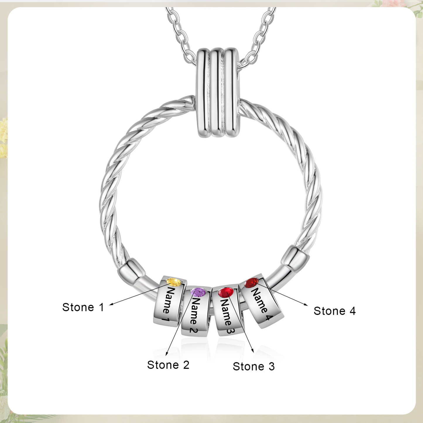 4 Names - Personalised Round Pendant Necklace Customized Name Gift for Her