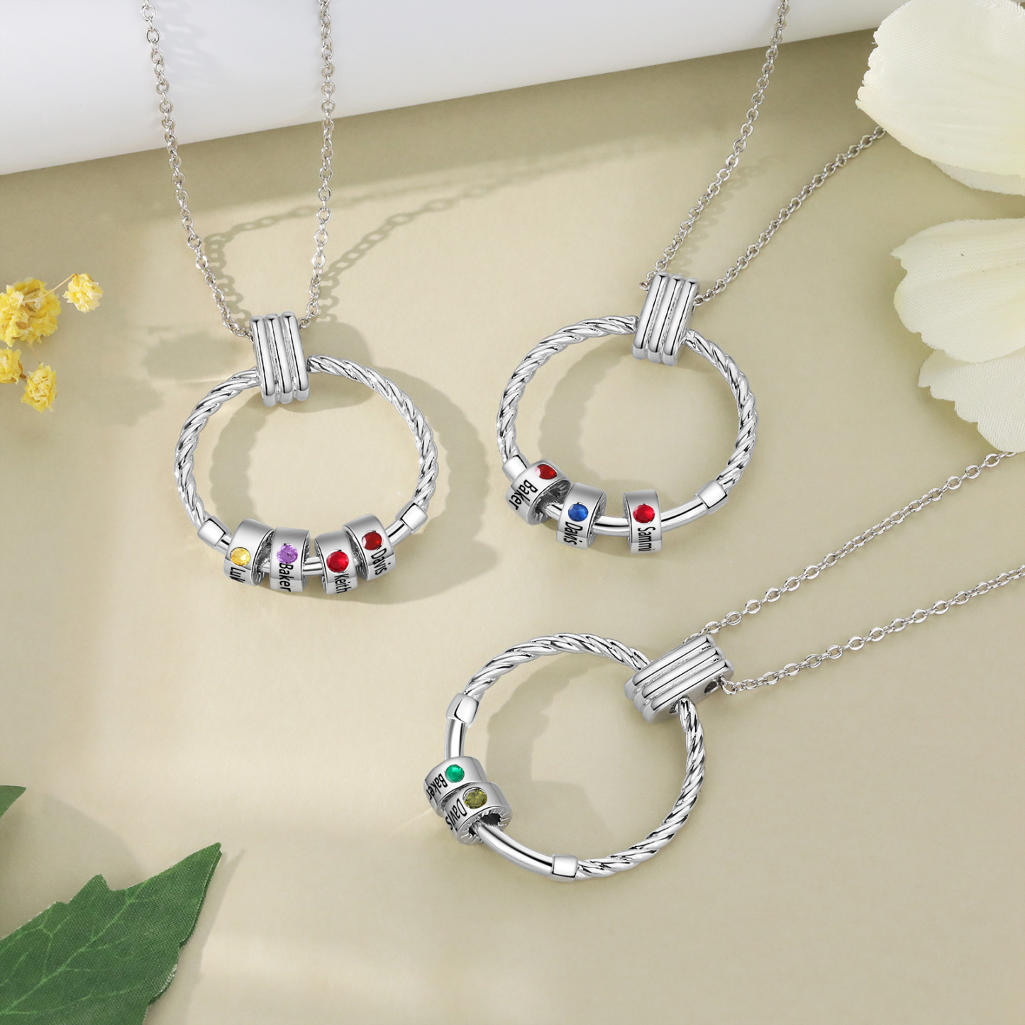 3 Names - Personalised Round Pendant Necklace Customized Name Gift for Her