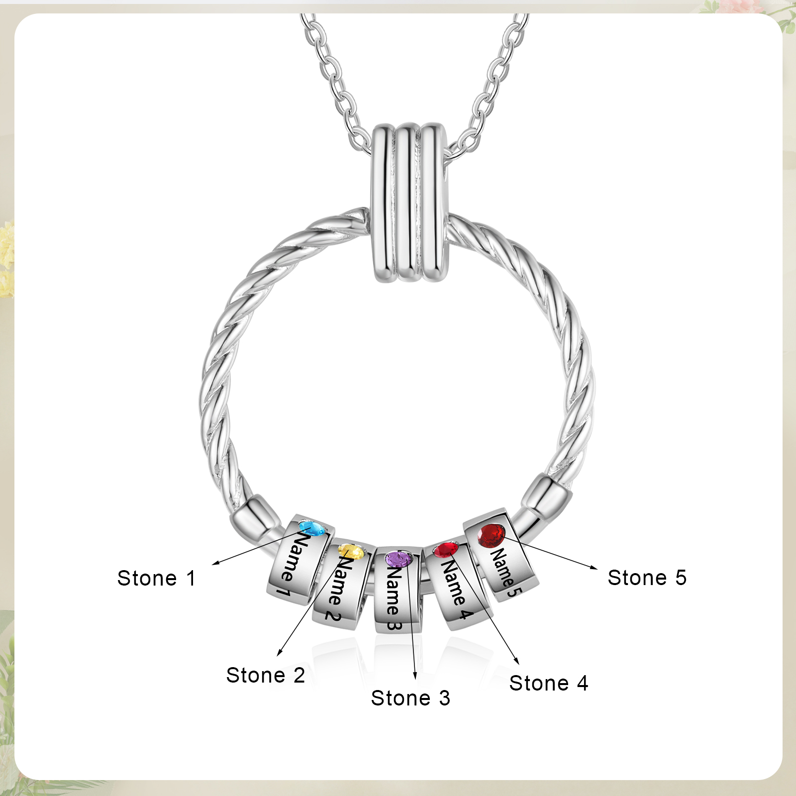 5 Names - Personalised Round Pendant Necklace Customized Name Gift for Her