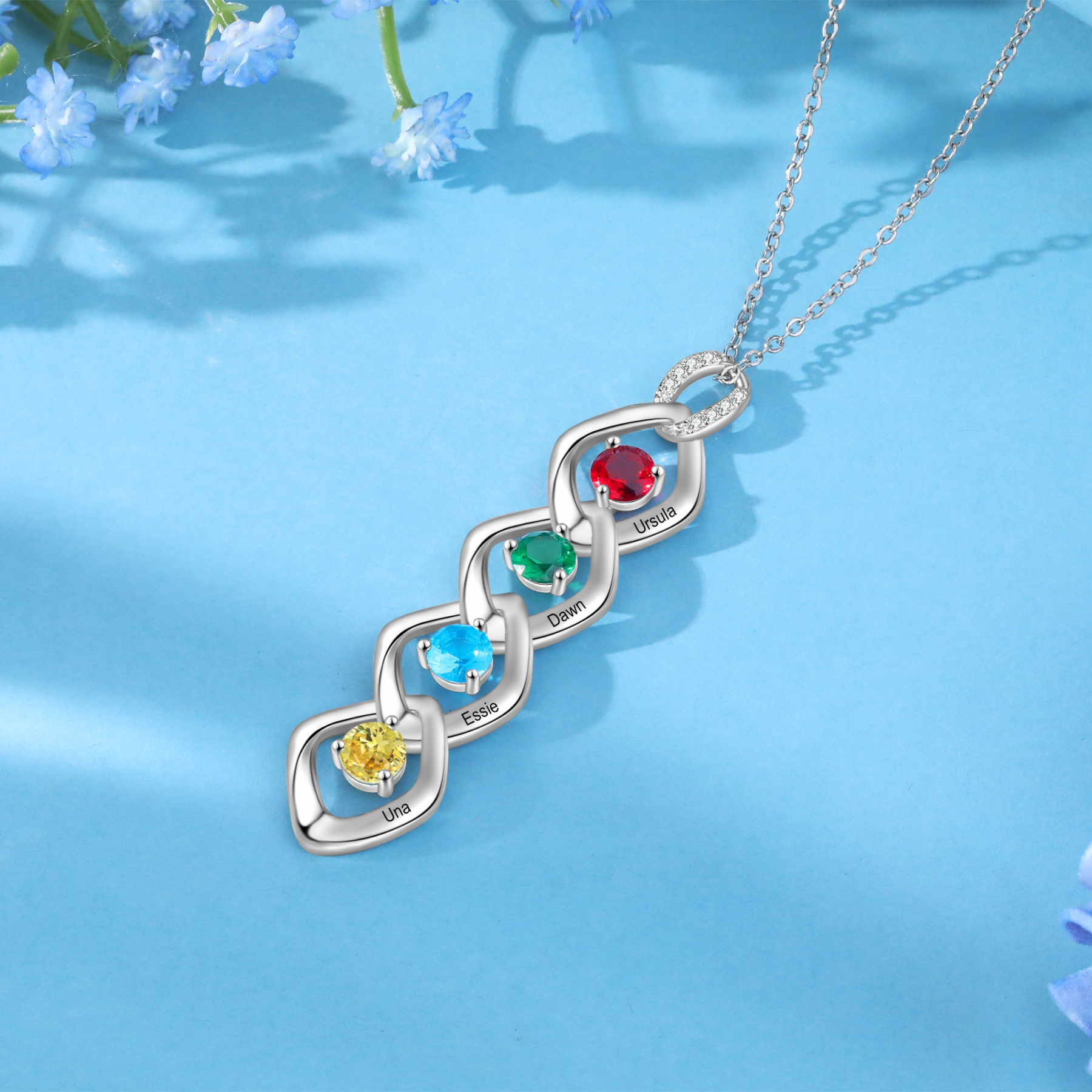 4 Names - Personalized Birthstone Necklace With Name Engraved For A Special Gift For Her