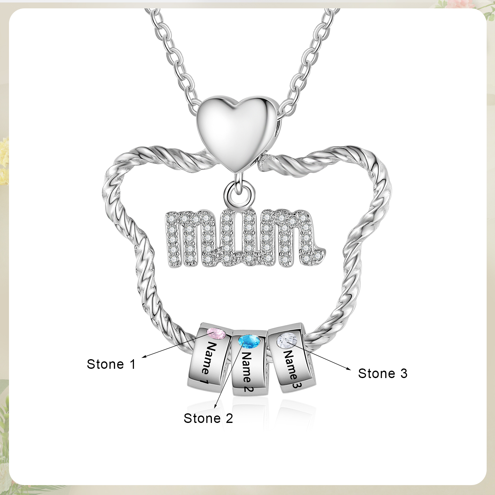 3 Names Personalized Cat Head Shape Necklace Custom Birthstone Necklace Gift for Mum
