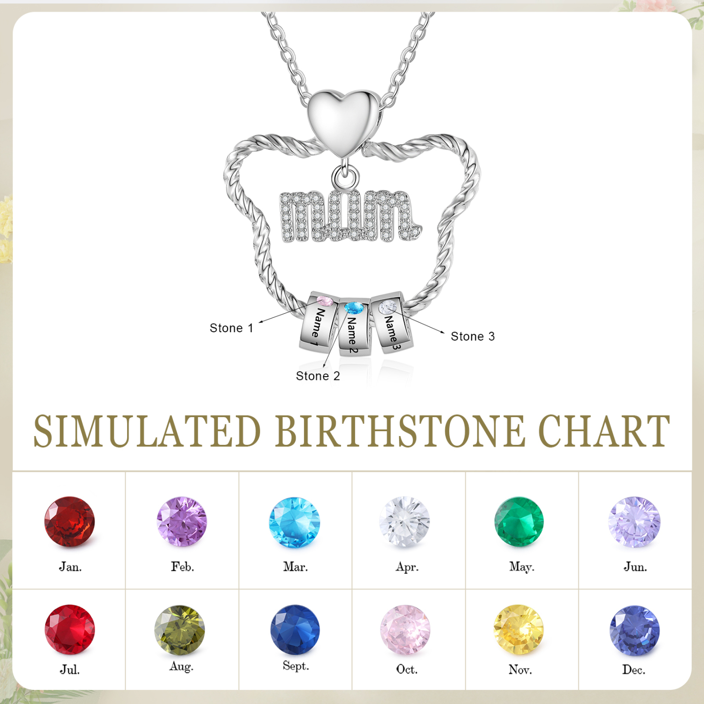 3 Names Personalized Cat Head Shape Necklace Custom Birthstone Necklace Gift for Mum