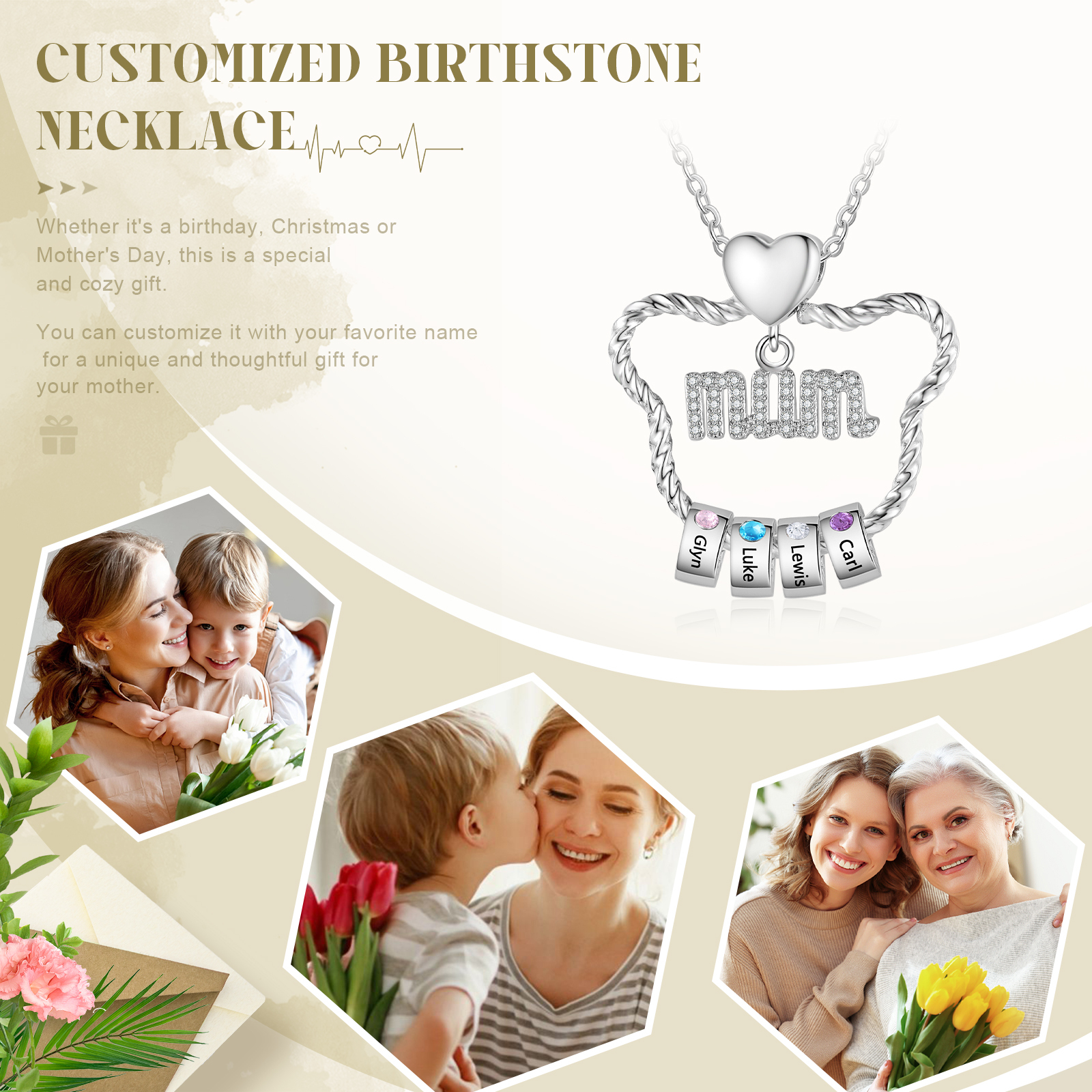 4 Names Personalized Cat Head Shape Necklace Custom Birthstone Necklace Gift for Mum