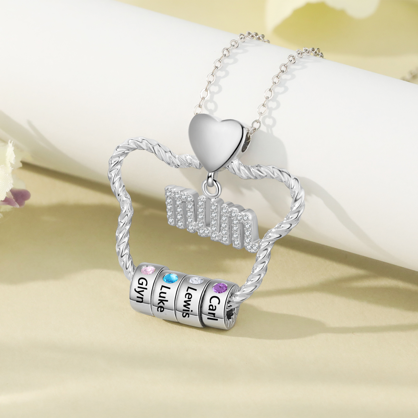 4 Names Personalized Cat Head Shape Necklace Custom Birthstone Necklace Gift for Mum