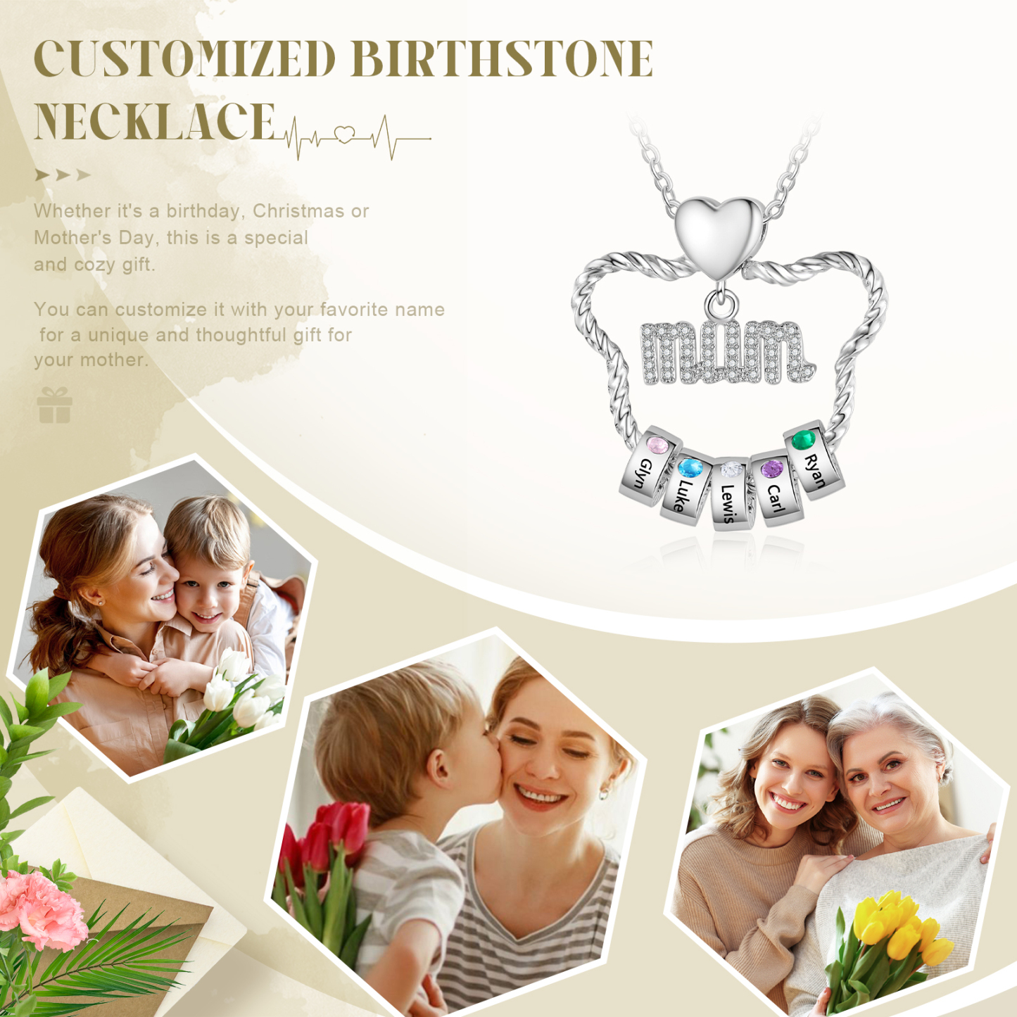 5 Names Personalized Cat Head Shape Necklace Custom Birthstone Necklace Gift for Mum