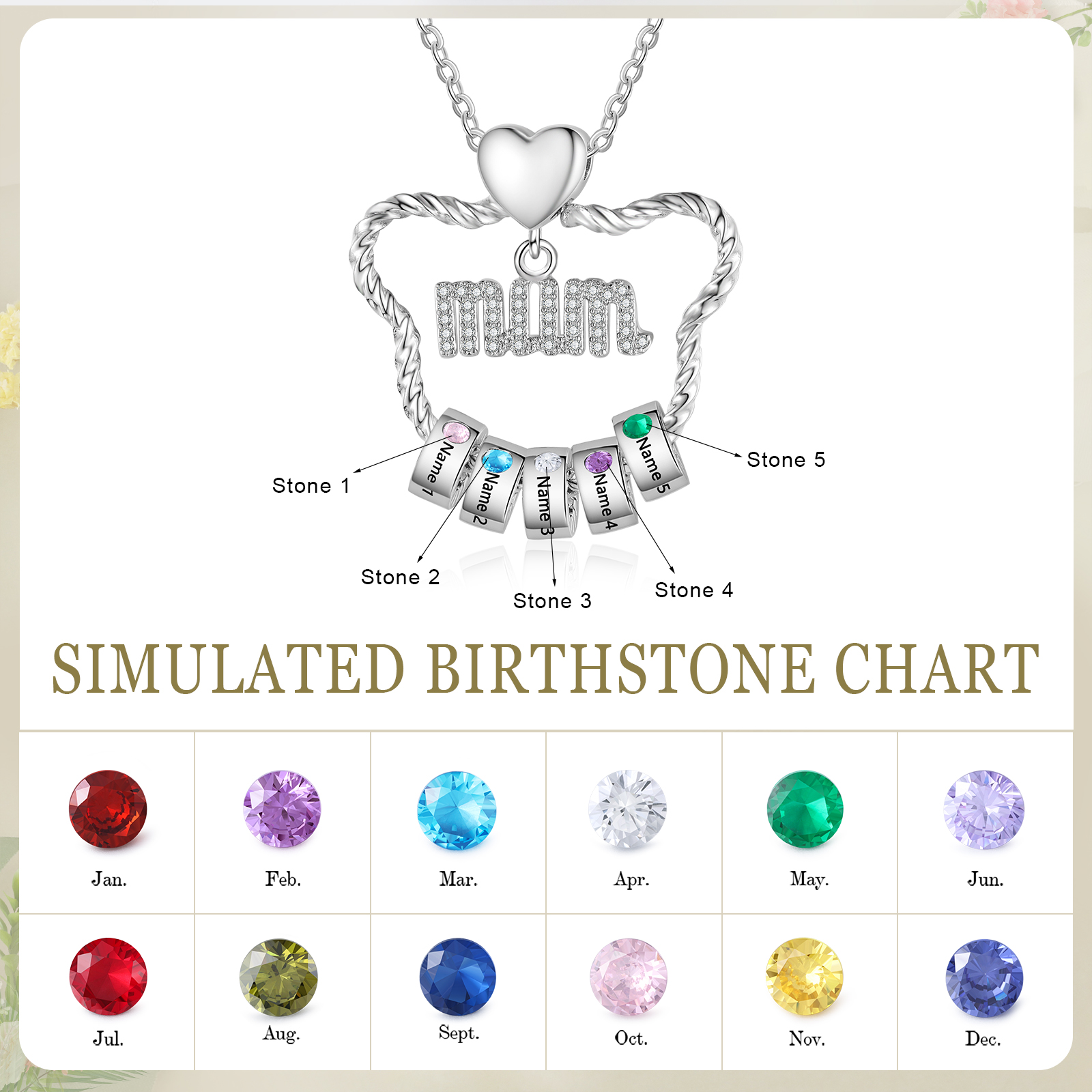5 Names Personalized Cat Head Shape Necklace Custom Birthstone Necklace Gift for Mum
