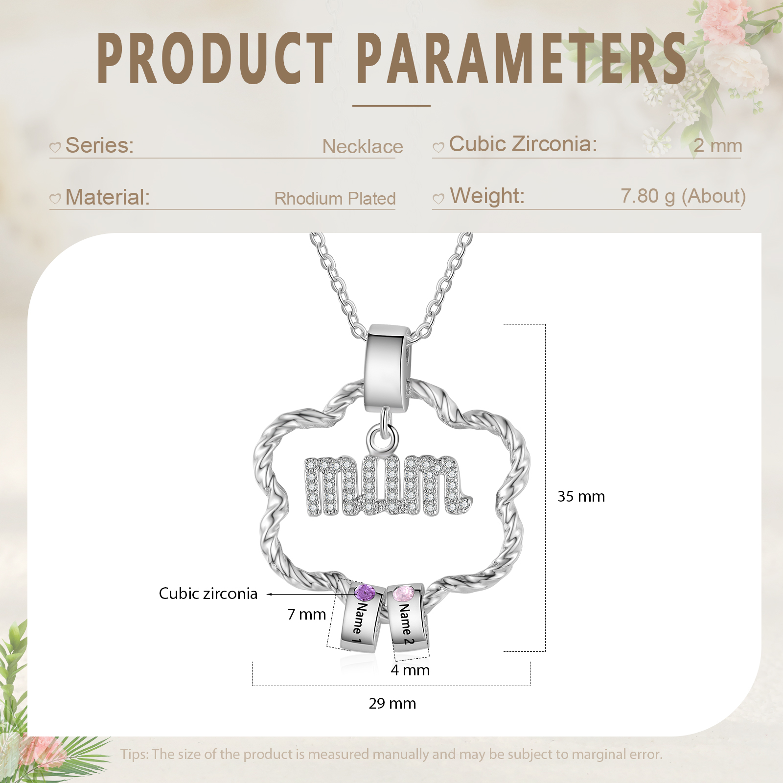 2 Name Personalized Flower Necklace With 2 Birthstone Pendants Engraved With Names Gift For Mum