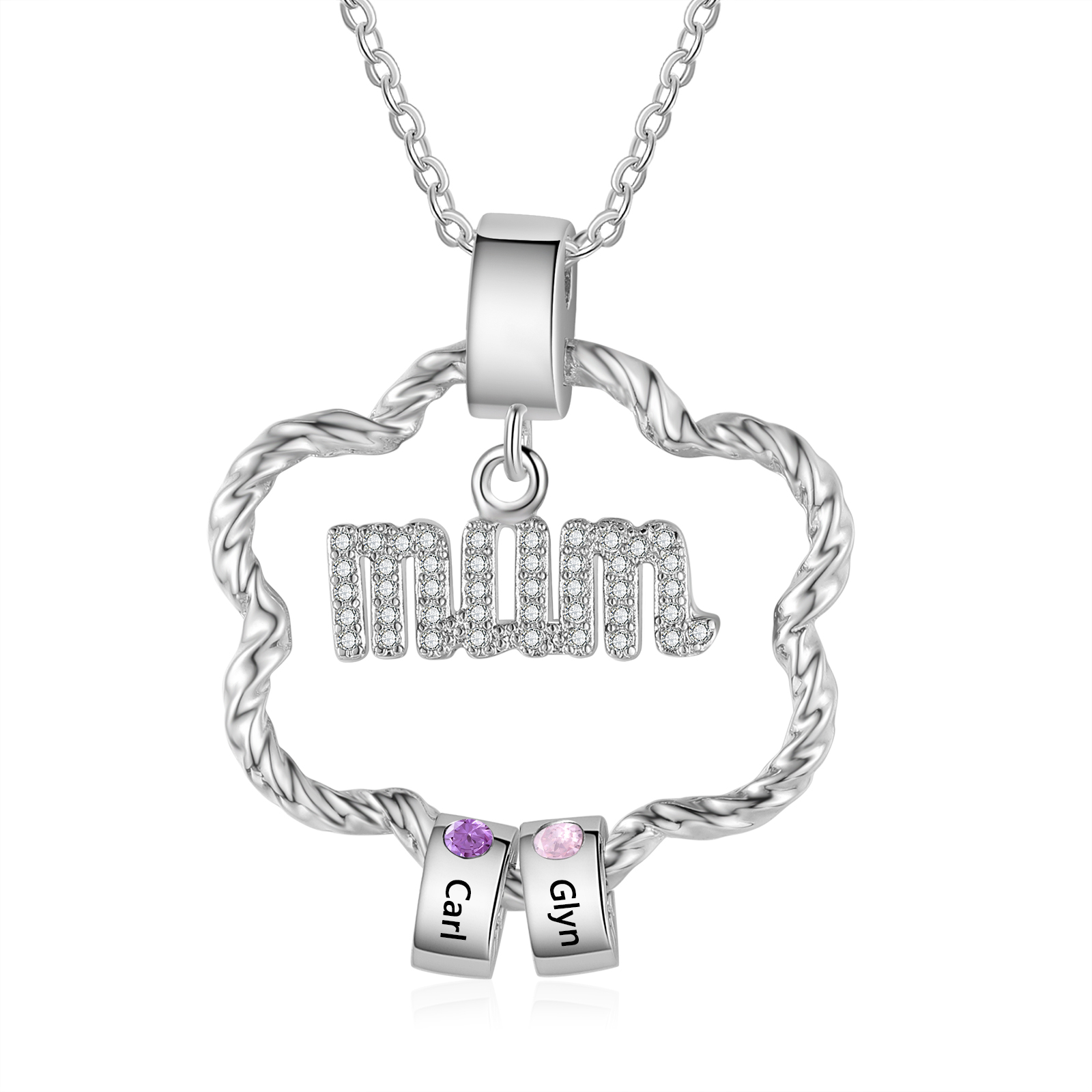 2 Name Personalized Flower Necklace With 2 Birthstone Pendants Engraved With Names Gift For Mum