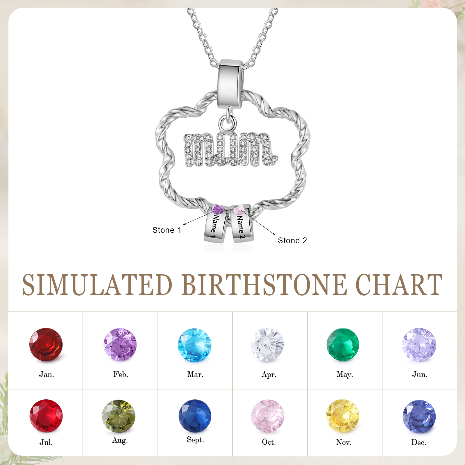 2 Name Personalized Flower Necklace With 2 Birthstone Pendants Engraved With Names Gift For Mum