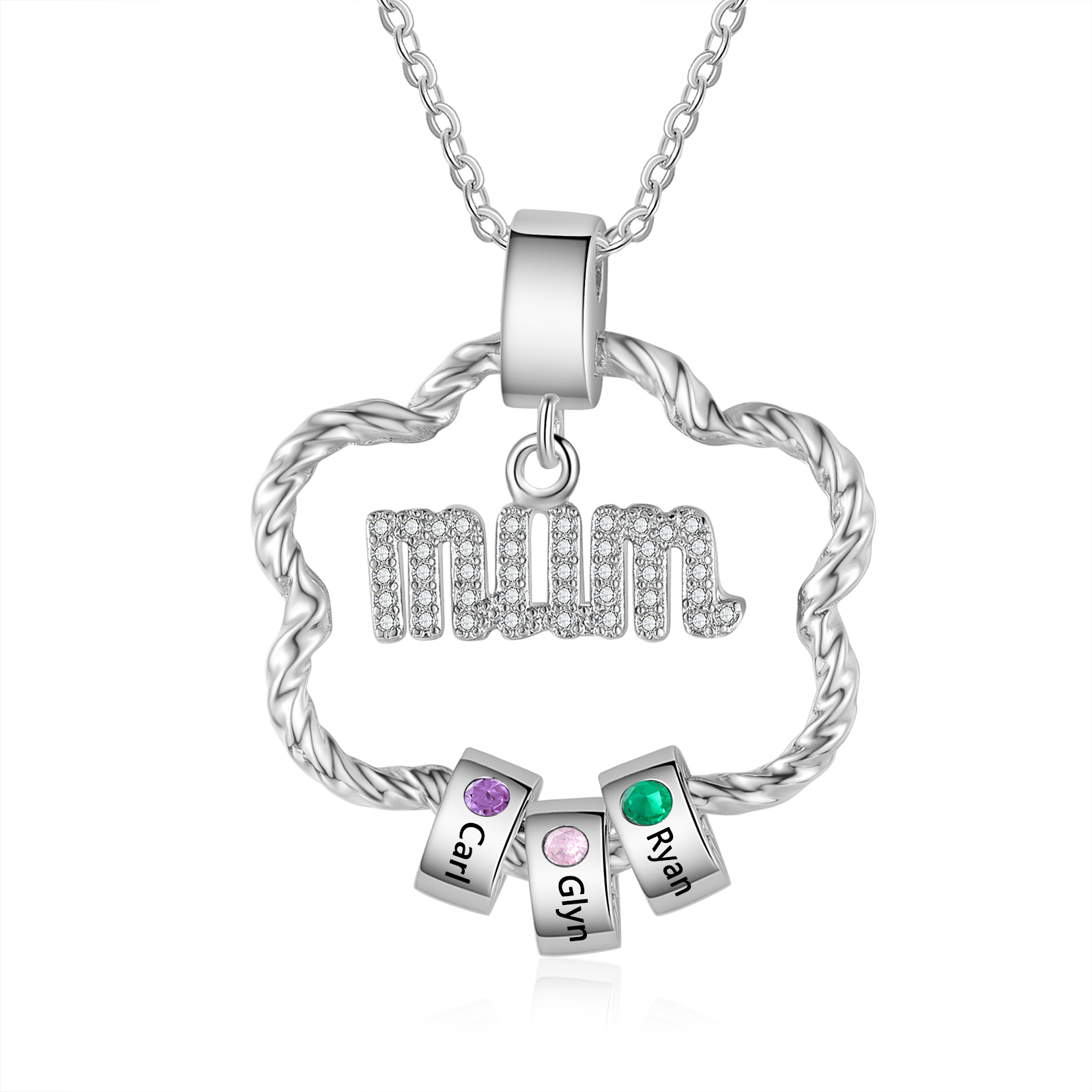 Personalized Circle Necklace With 2 Birthstones Pendant Engraved Names Gift For Mum