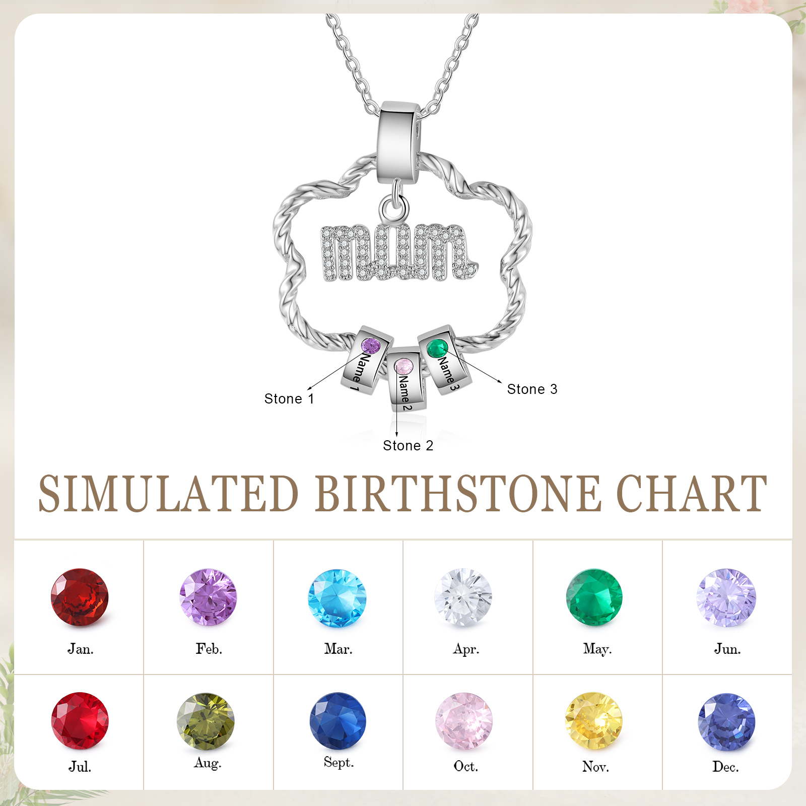 3 Name Personalized Flower Necklace With 3 Birthstone Pendants Engraved With Names Gift For Mum