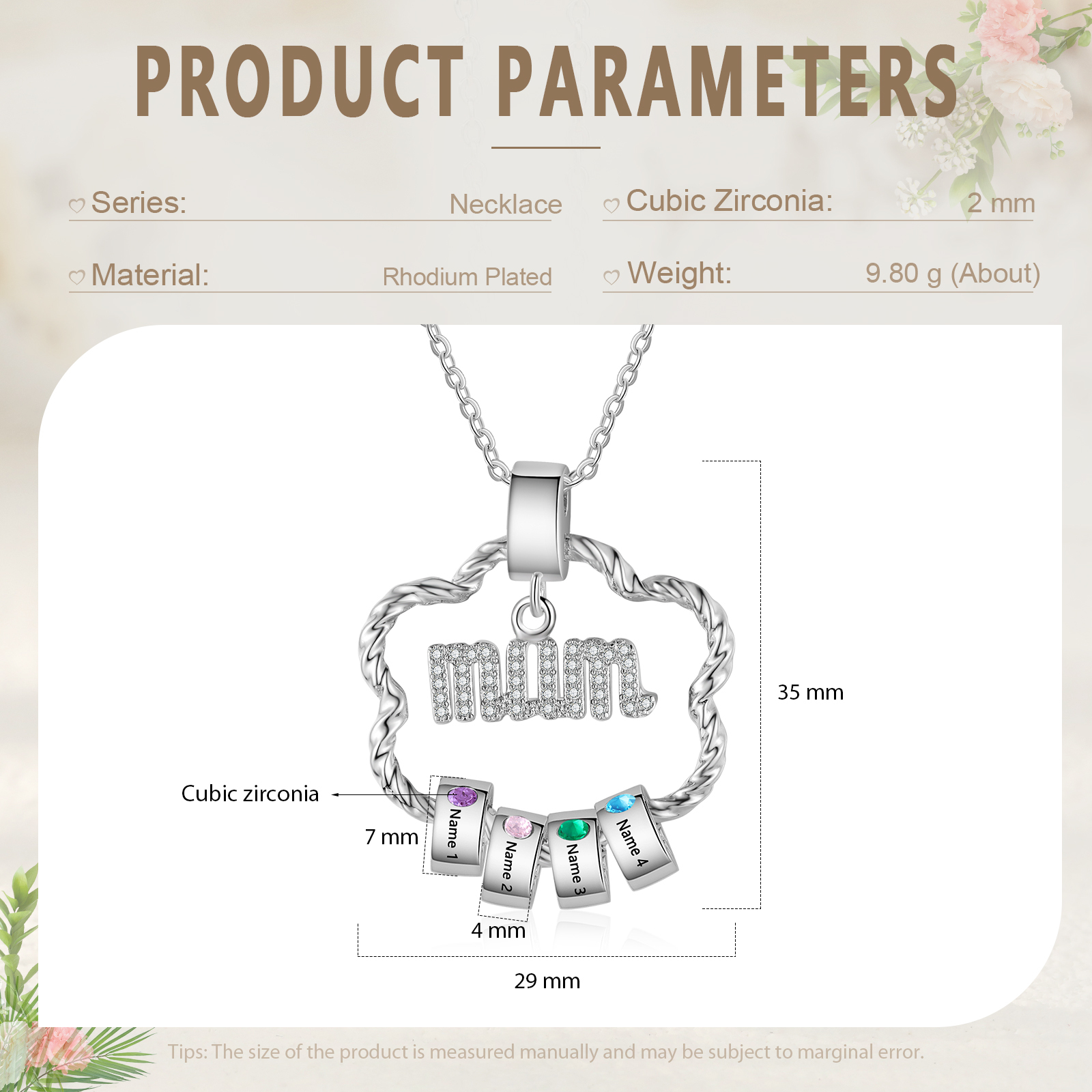 4 Name Personalized Flower Necklace With 4 Birthstone Pendants Engraved With Names Gift For Mum