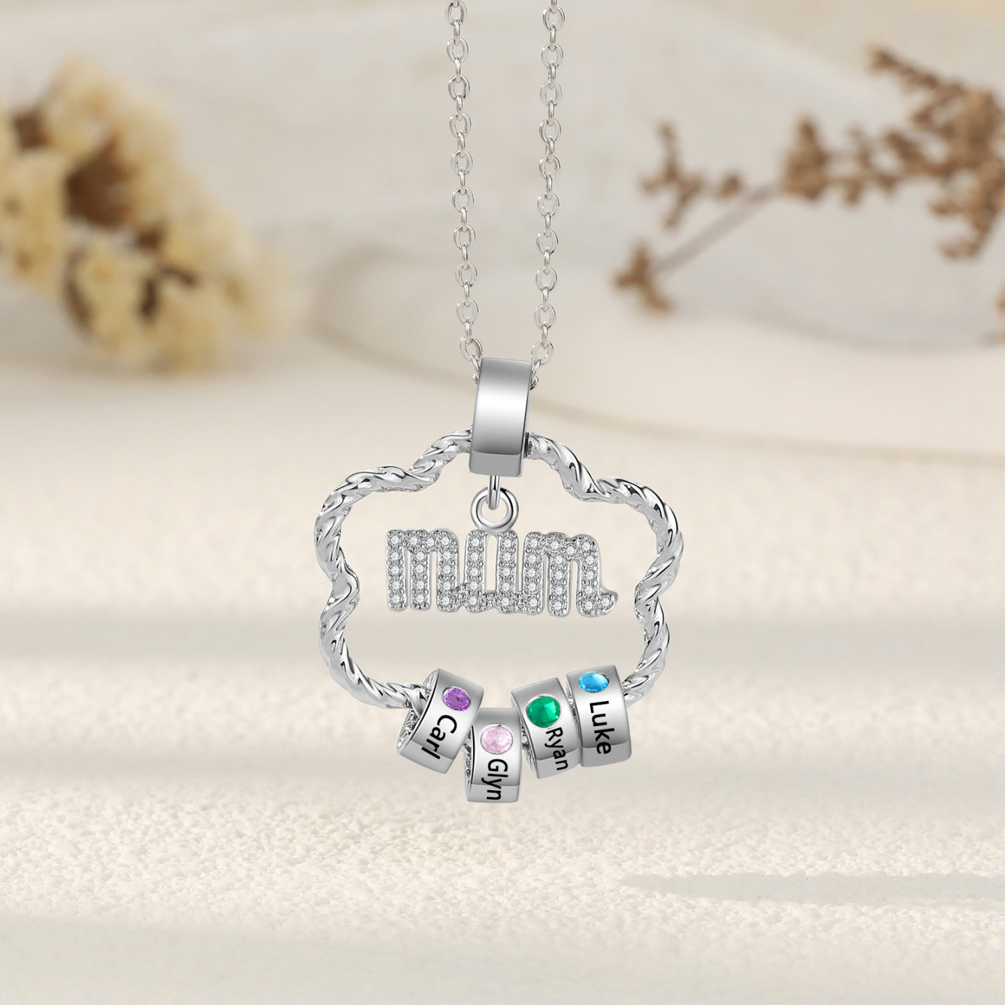 4 Name Personalized Flower Necklace With 4 Birthstone Pendants Engraved With Names Gift For Mum
