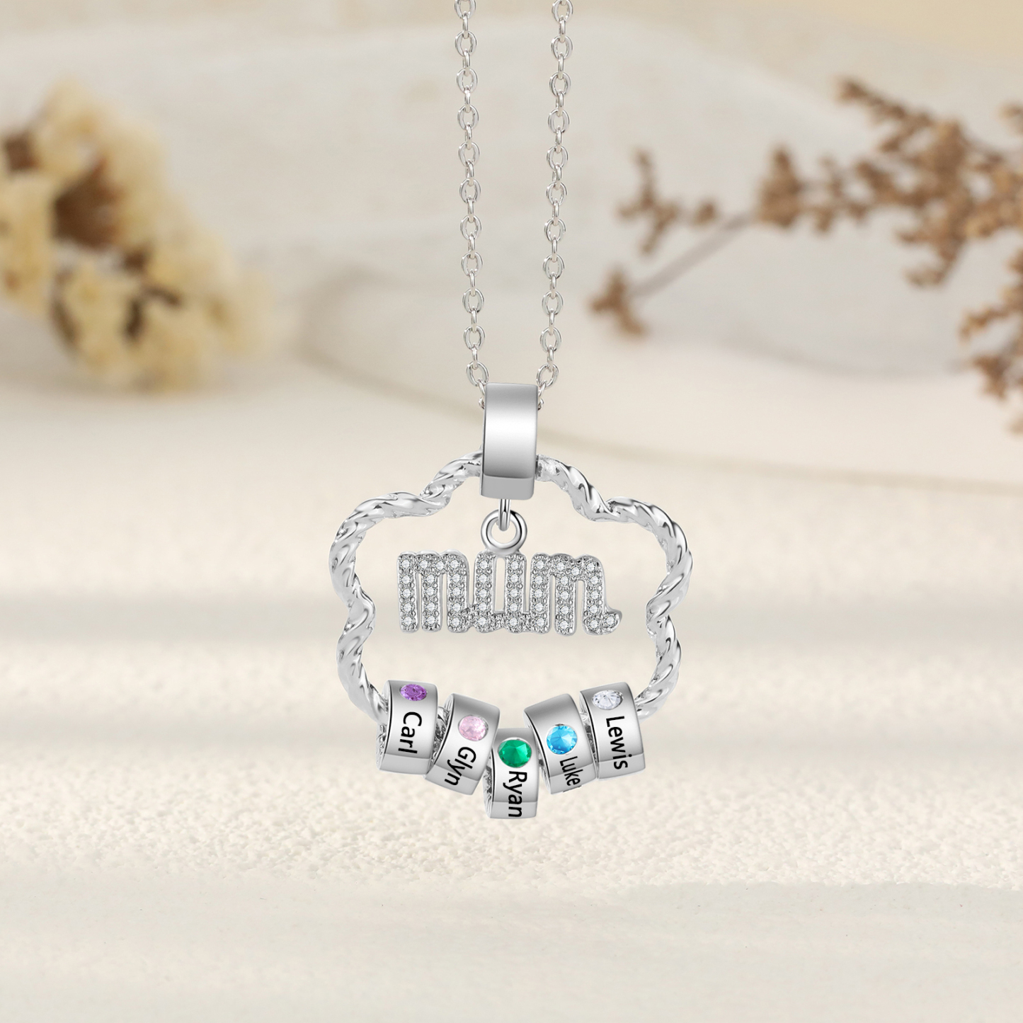 5 Name Personalized Flower Necklace With 5 Birthstone Pendants Engraved With Names Gift For Mum