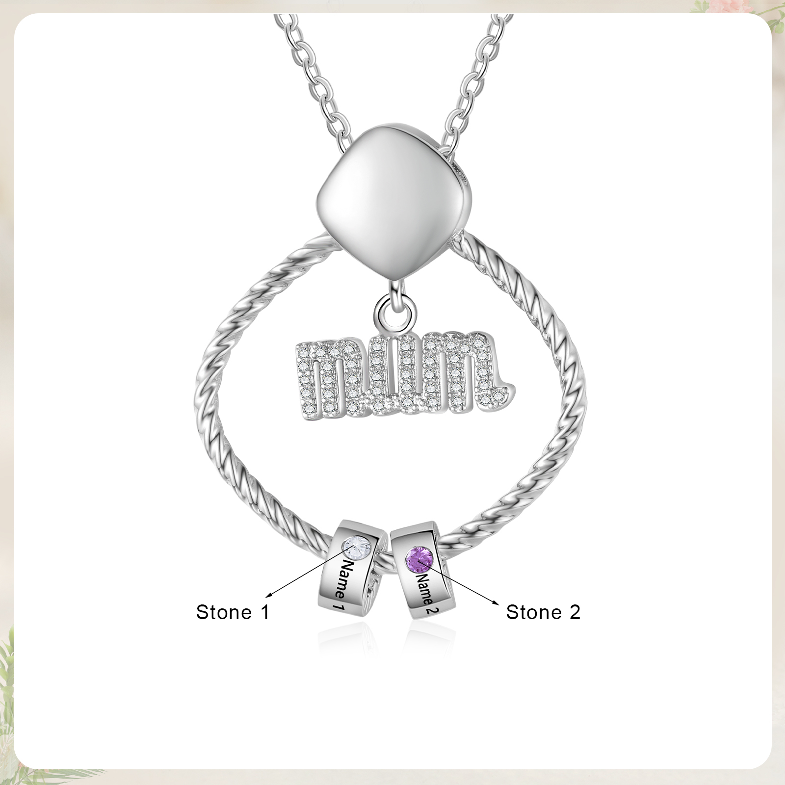2 Names - Personalized Birthstone Necklace with 2 Birthstone Pendants Engraved with Names Gift for Mum