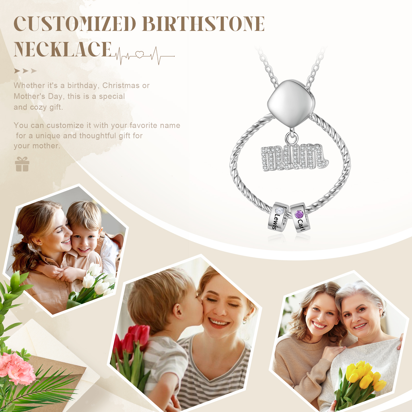 2 Names - Personalized Birthstone Necklace with 2 Birthstone Pendants Engraved with Names Gift for Mum